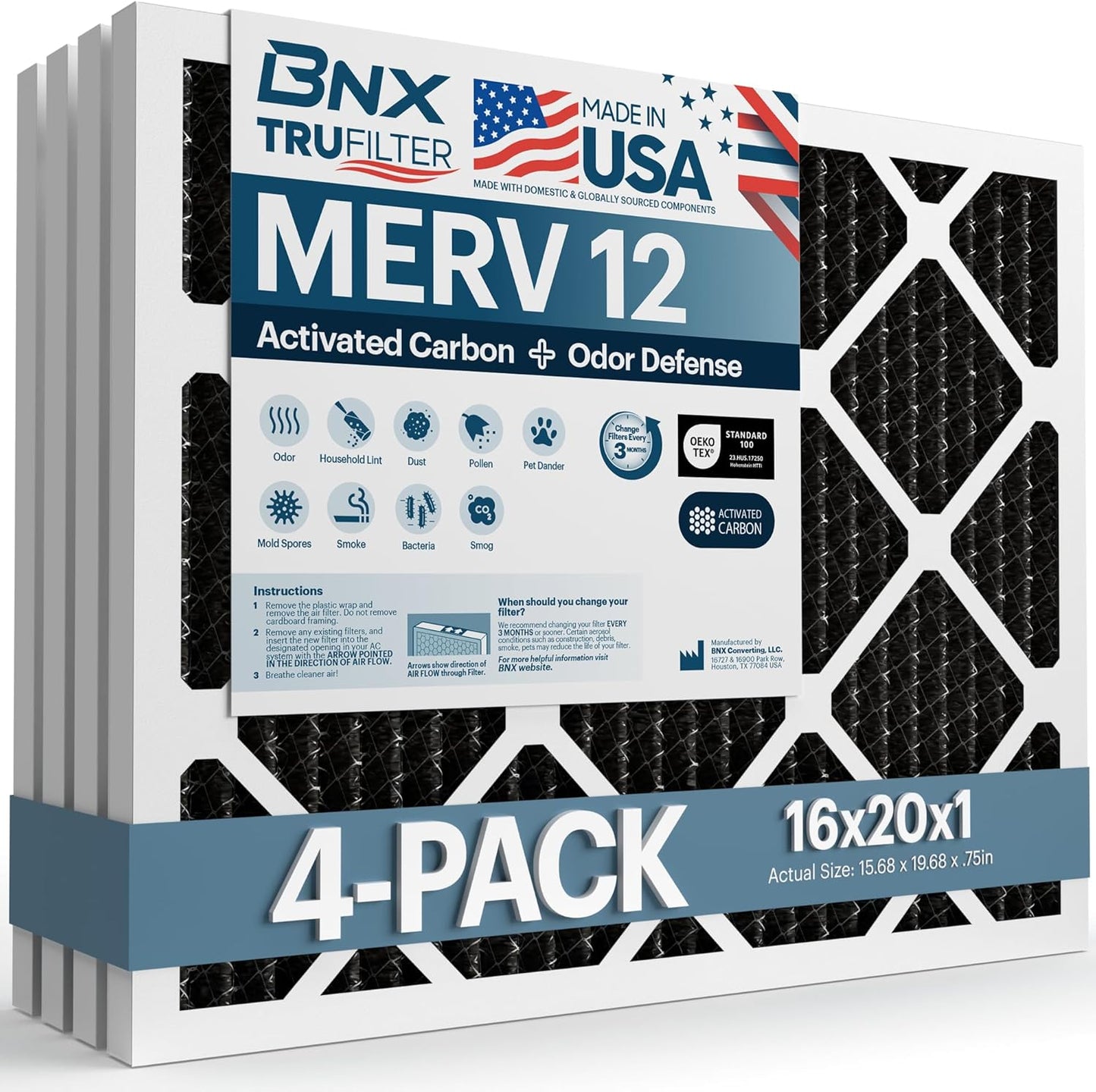 BNX TruFilter 12x12x1 MERV 8 Air Filters (6-Pack) - USA-Made Dust & Pet Defense for HVAC