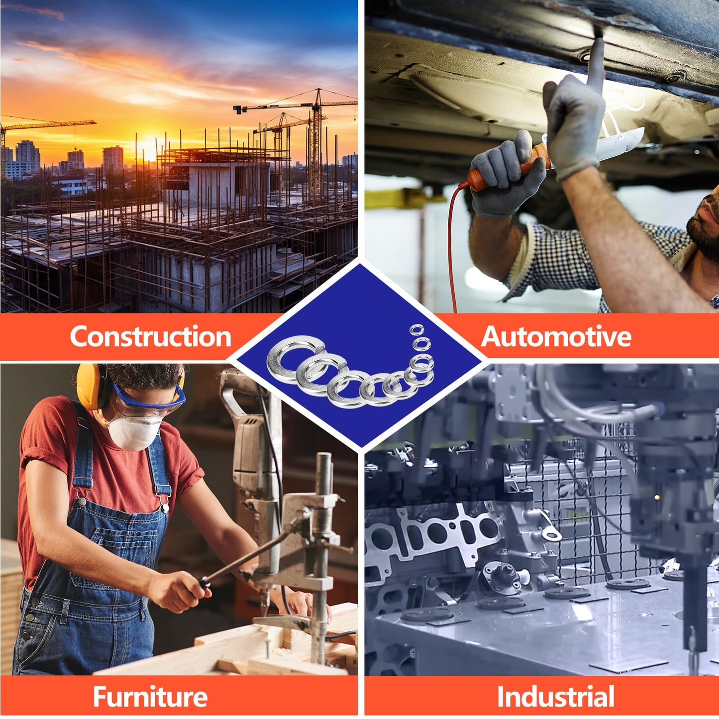 1000 Pcs Spring Lock Washers Assortment Kit – 9 SAE Sizes Split Lock Washers, 304 Stainless Steel Washers for Screws and Bolts (#4, #6, #8, #10, #12, 1/4", 5/16", 3/8", 1/2")