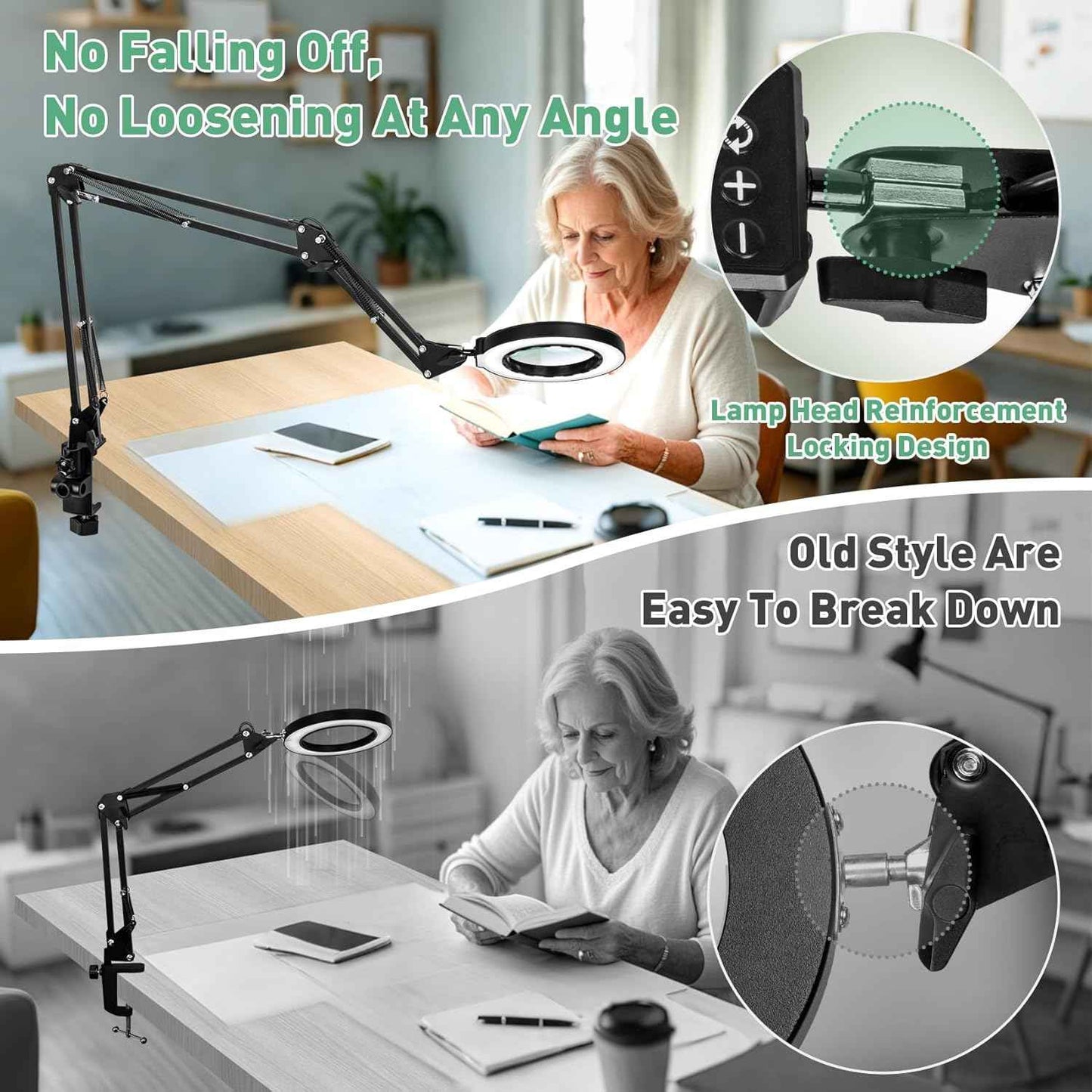 12X LED Magnifying Glass Desk Lamp with Swing Arm & Clamp - 5 Brightness Levels for Crafts & Reading