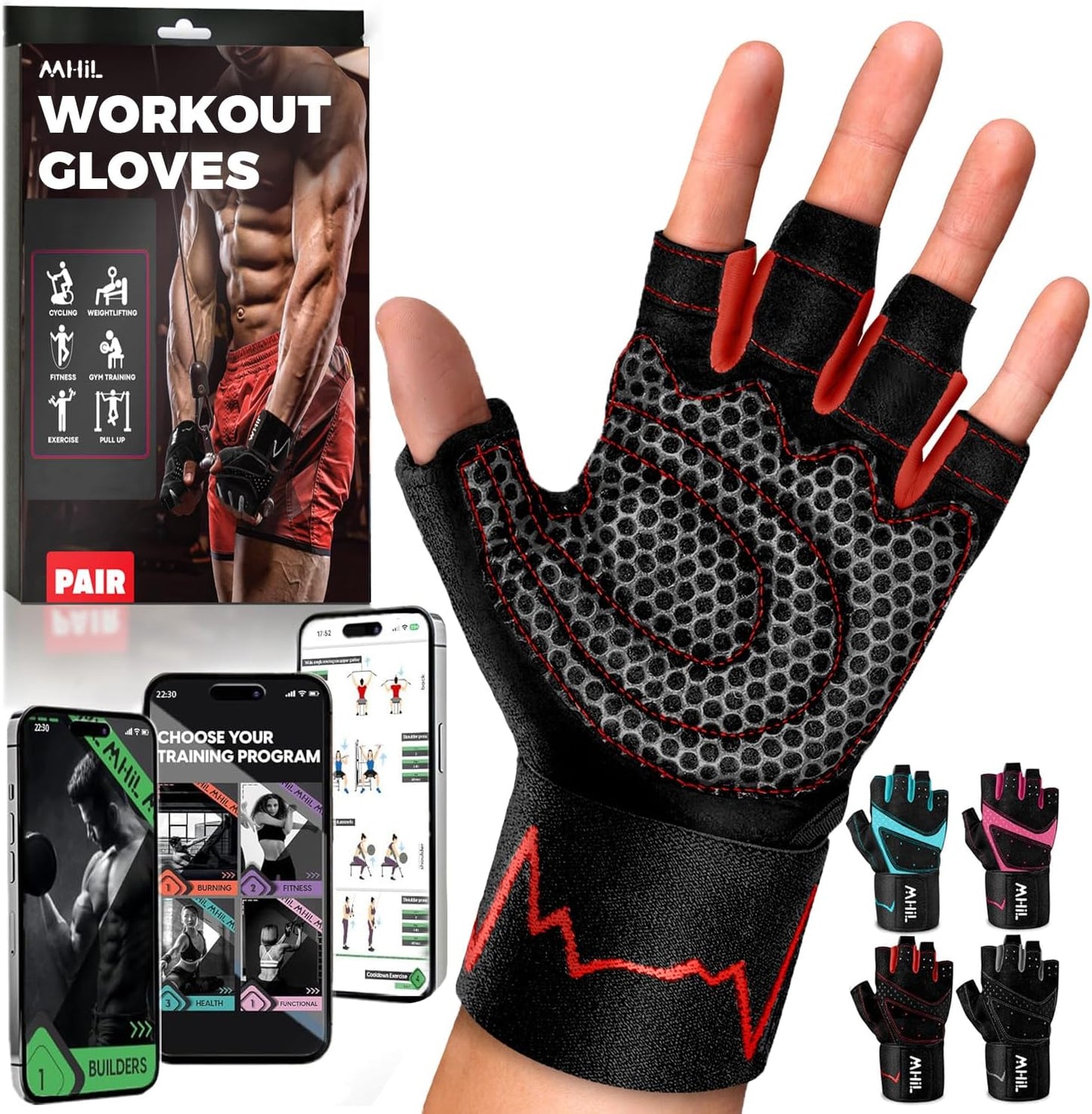 MhIL Workout Gloves for Men - Enhanced Grip Gym Gloves with Wrist Wraps for Ultimate Performance