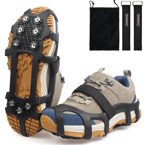 Ice Cleats for Shoes and Boots, Universal Non Slip Snow Cleats Spikes for Shoes with Straps, Anti Slip Crampons Slip-on Rubber Overshoe Flexible Footwear for Winter Hiking Walking Shoveling