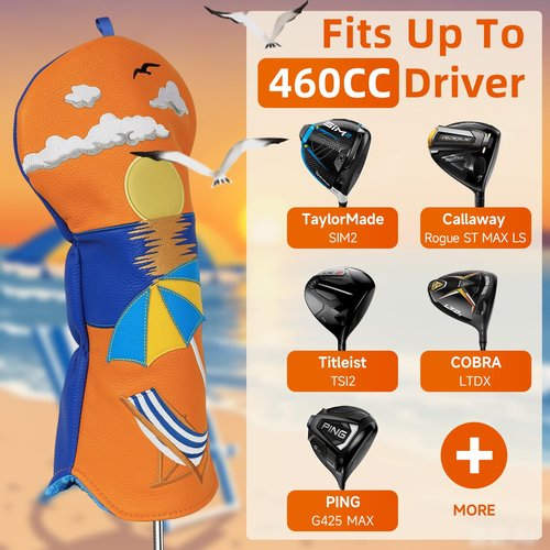 Craftsman Golf Sunset at The Beach Chair Umbrella Orange Golf Driver Headcover Head Cover Fits Up to 460cc