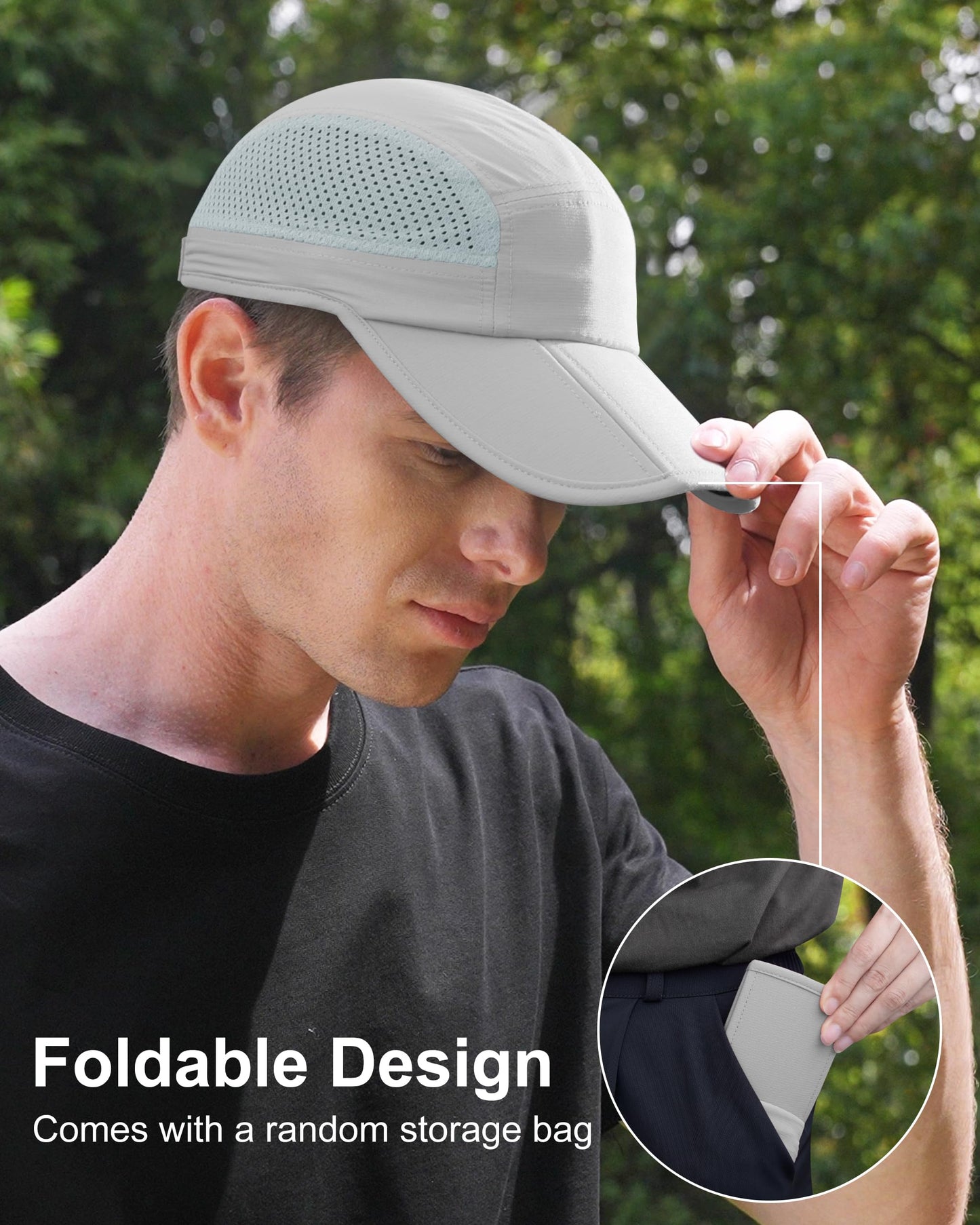 GADIEMKENSD Men Outdoor Hat Reflective Folding Running Sport Hats Summer Cool UPF 50 Sun Unstructured Baseball Caps for Men Women Breathable Light Quick Dry Travel Golf Hat Light Gray