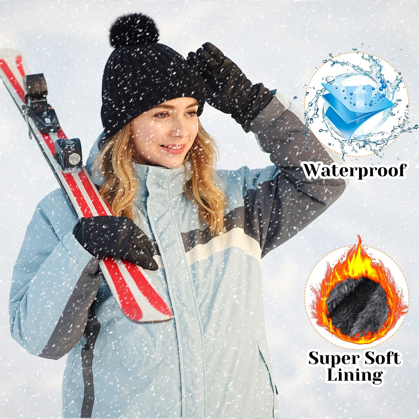 Silicherry 3 Pcs Waterproof Women Winter Pompom Beanie Hat Fleece Lined Warm Hat Thermal Waterproof Windproof Knit Skull Cap Beanie for Women Skiing Cold Weather