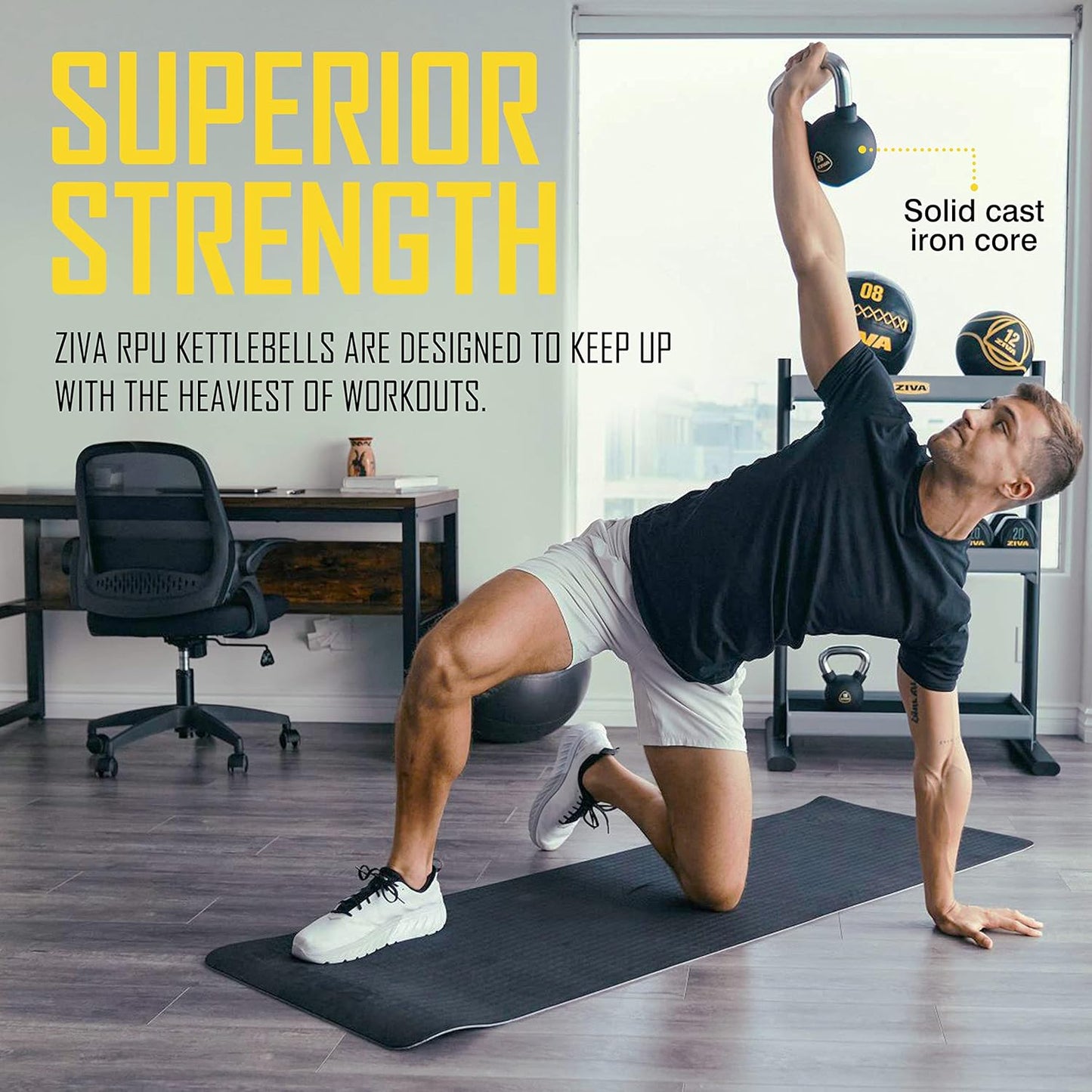 ZIVA Premium Kettlebell - Commercial Grade Rubber Coated Free Weights for Home Gym | 5-50 lbs Options