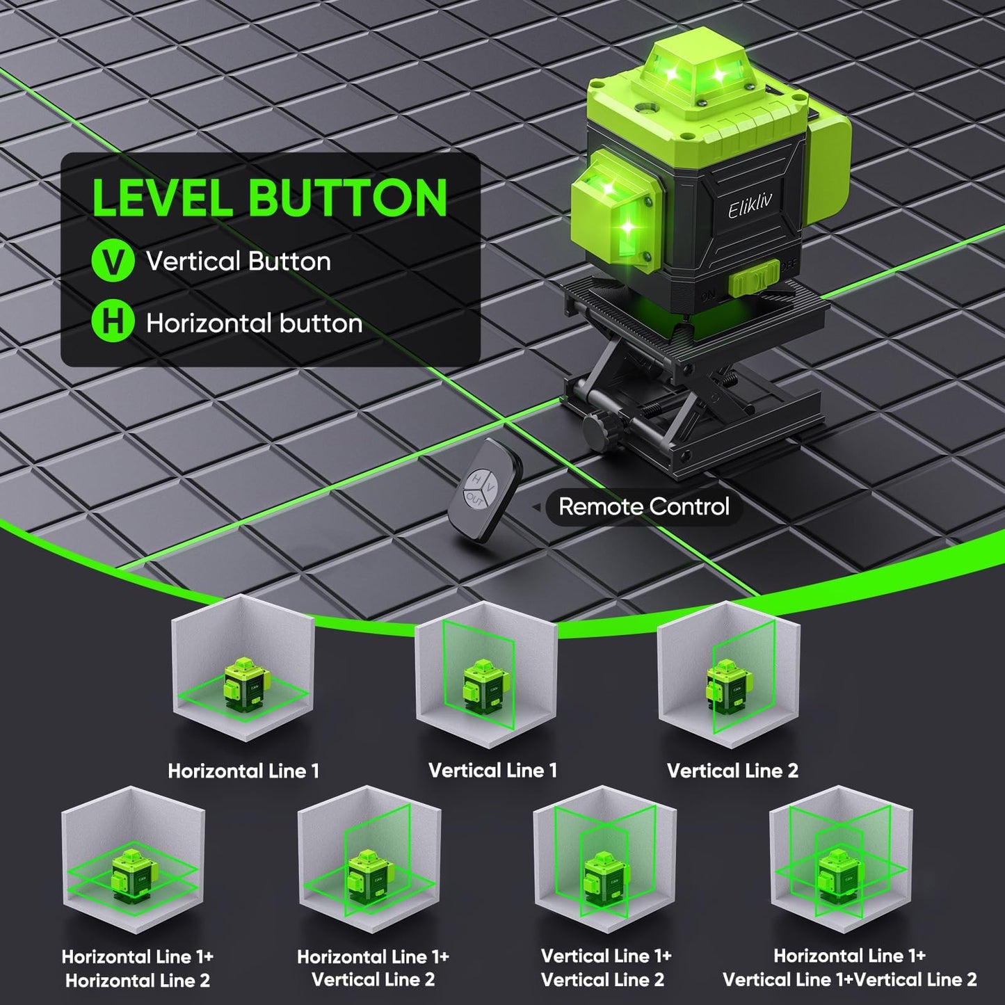 Laser Level Self Leveling - Elikliv 200ft Robust Indoors 4D Green Cross Line Laser Level 4x360 Horizontal Vertical Dual-beam Lasers for DIY or Professional Job Site Integrated Bracket Included