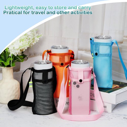 Mumufy Mesh Water Bottle Sling Holder with Adjustable Strap Crossbody Bottle Sleeve Carrier with Pouch for Outdoor Activities(Fresh,16 Pcs)