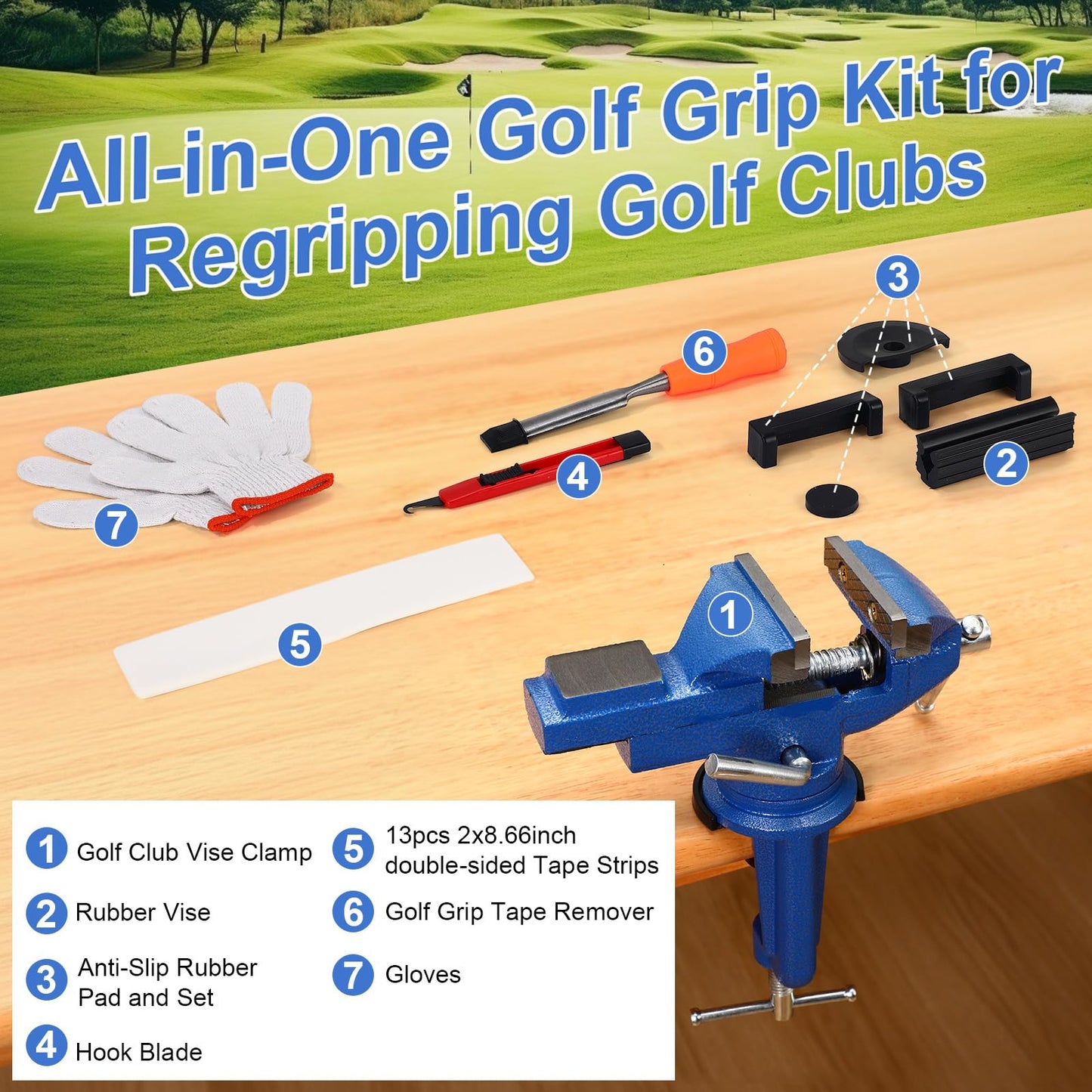 Lanties Golf Grip Kits for Repair Golf Clubs Heavy Duty Grip Removal Repair Tool Kit with 360° Portable Table Vise Rubber Clamp Hook Knife Double-Sided Tape Strips Tape Remover and Gloves(Blue)