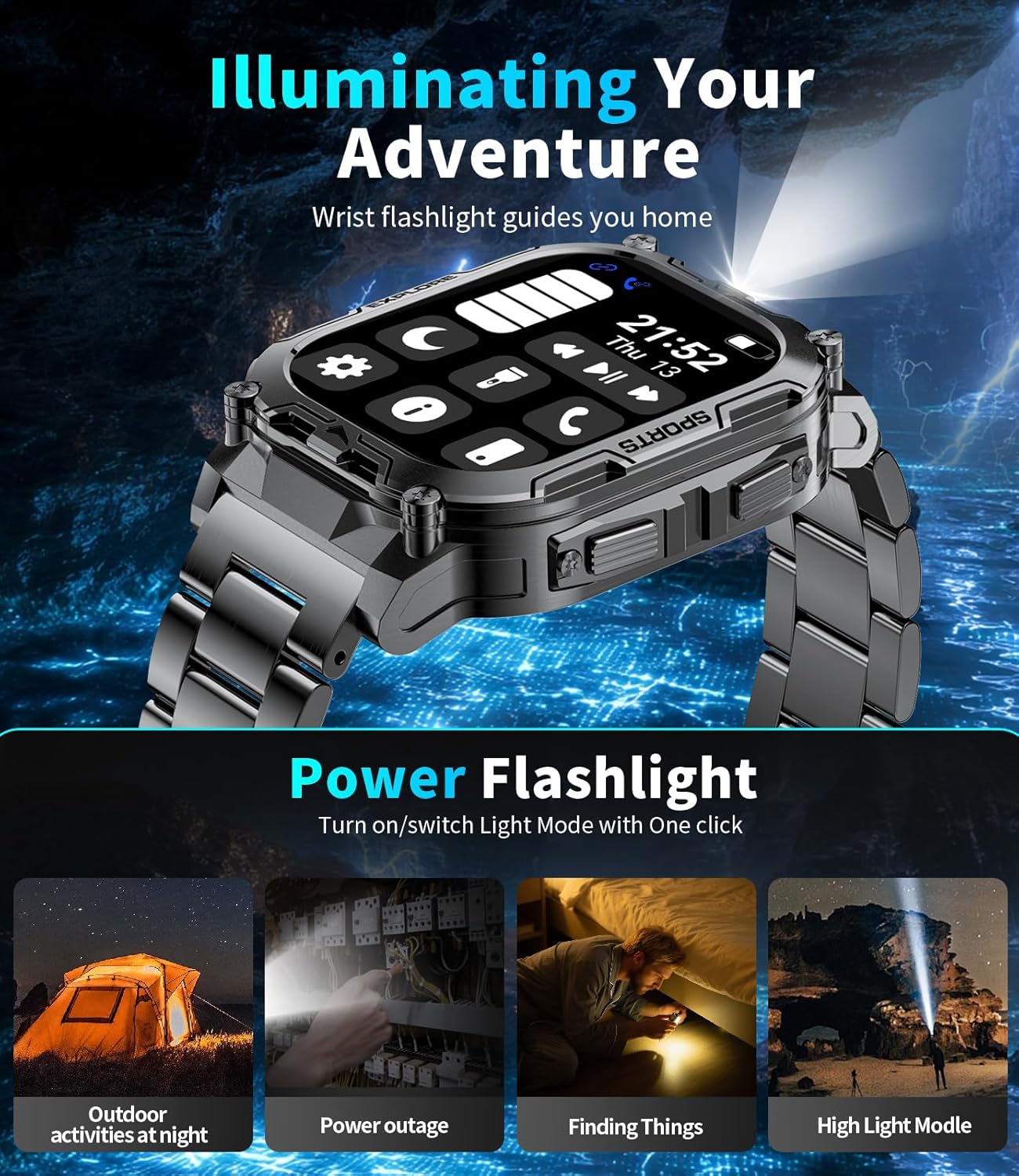 TX12 Smart Watch - Military Fitness Tracker with 100+ Sports Modes | 2.01'' HD Display, IP68 Waterproof, Black