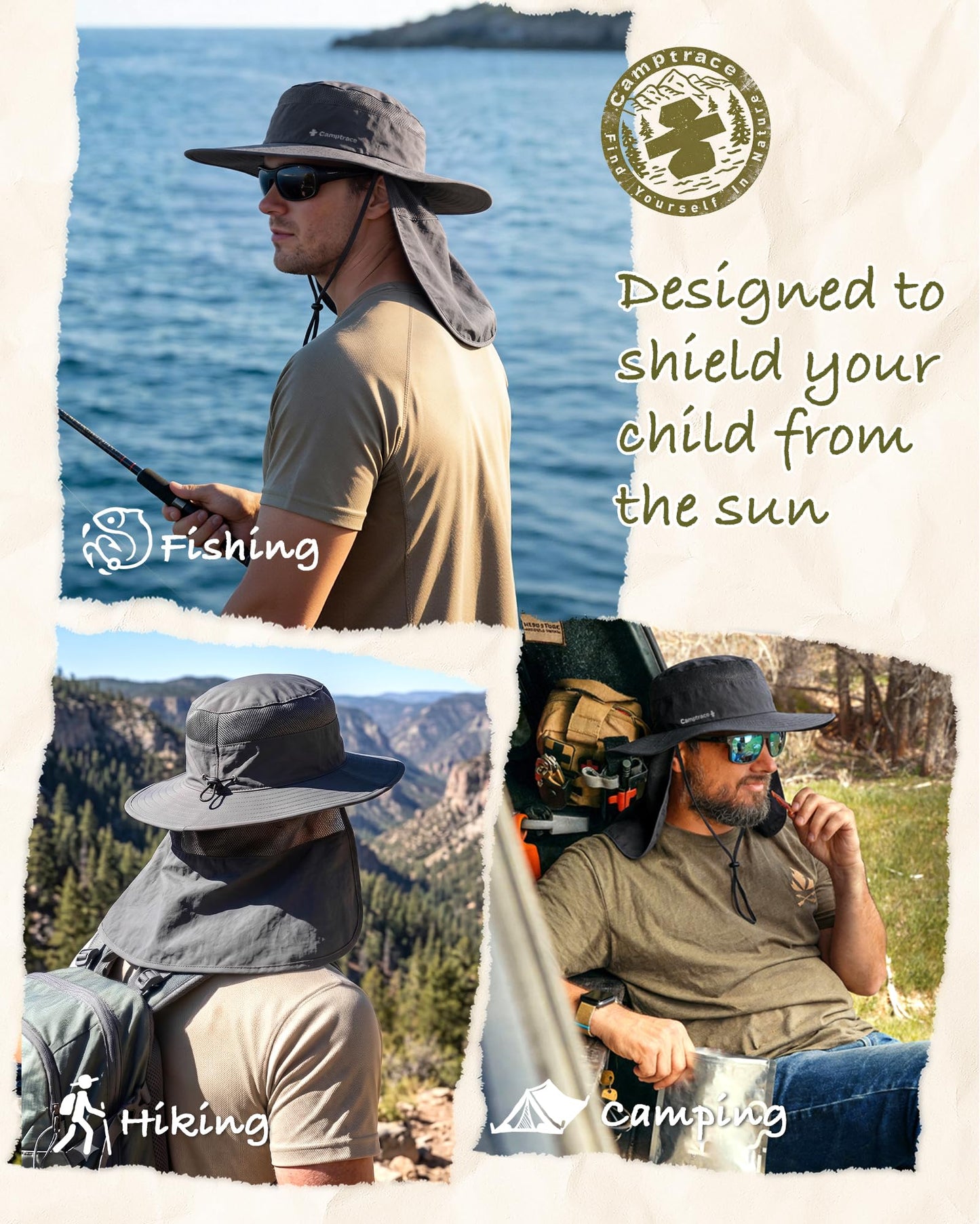 Camptrace Wide Brim Men Sun Hat with Neck Flap UPF Fishing Hiking Gardening