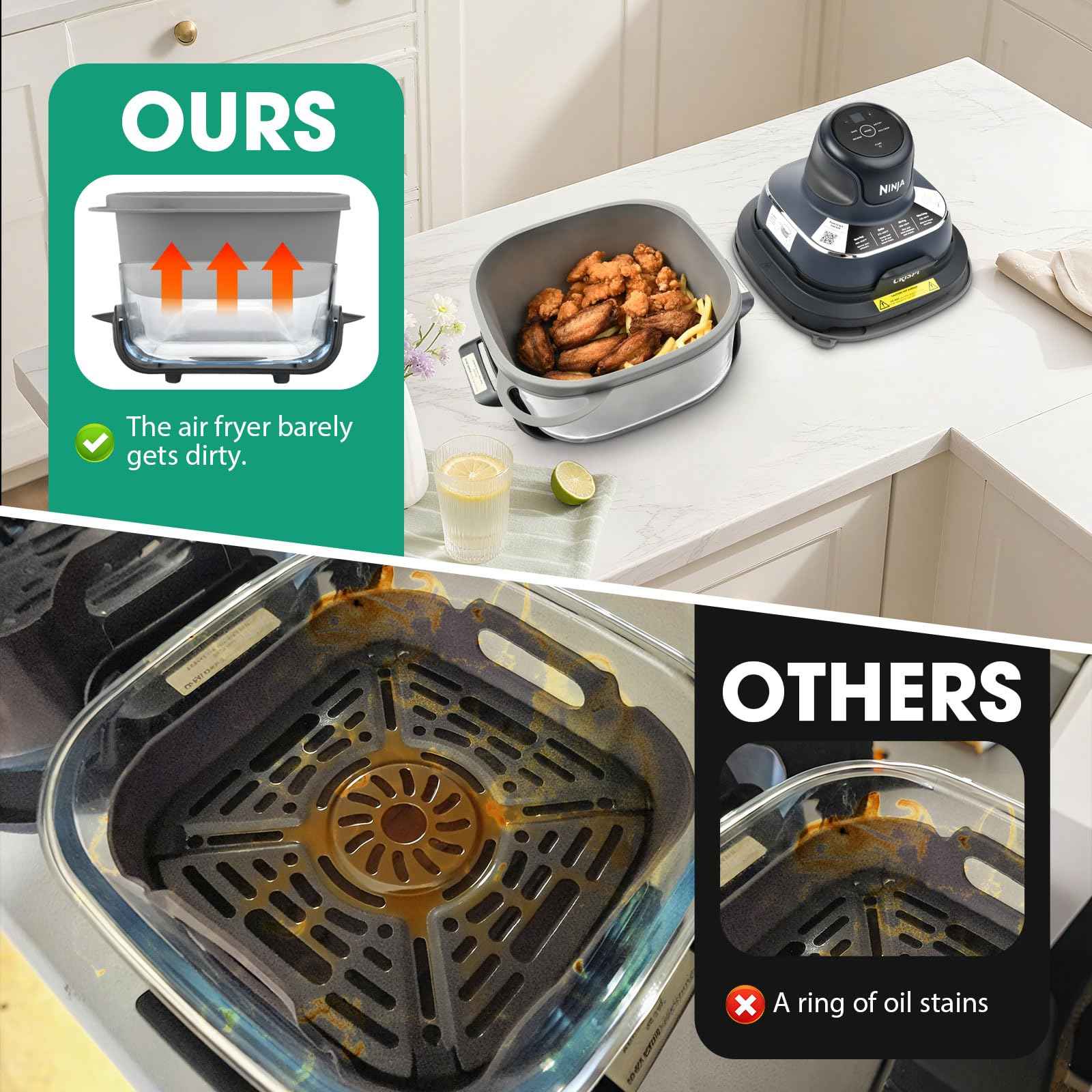 Snuggery FN101GY Silicone Air Fryer Liners for Ninja Crispi Glass Basket – Full-Coverage 4QT 6QT Reusable Nonstick Dishwasher Safe Mat,with Heat Mat and Oil Brush for Mess-Free Cooking