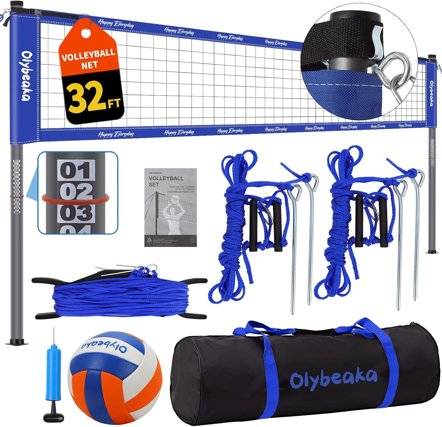 Skiennix 32ft Outdoor Volleyball Net Set - Adjustable Heavy Duty Poles, Durable Net & Accessories