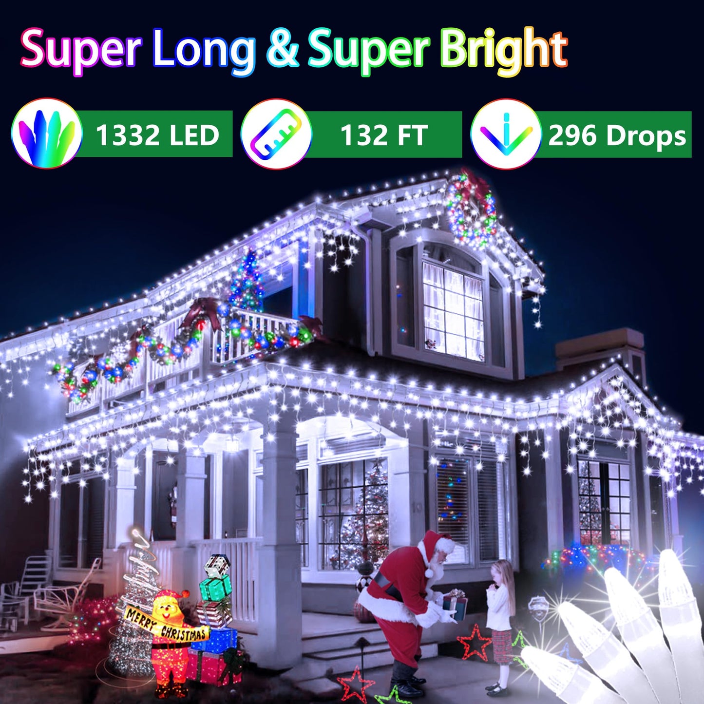 132FT 1332 LED Outdoor Christmas Lights - 296 Ice Drops, 12 Pro Modes with Timer Memory & Brightness, Waterproof Hanging Ice String Light for Holiday Wedding Garden Fence House Decor (Cool White)