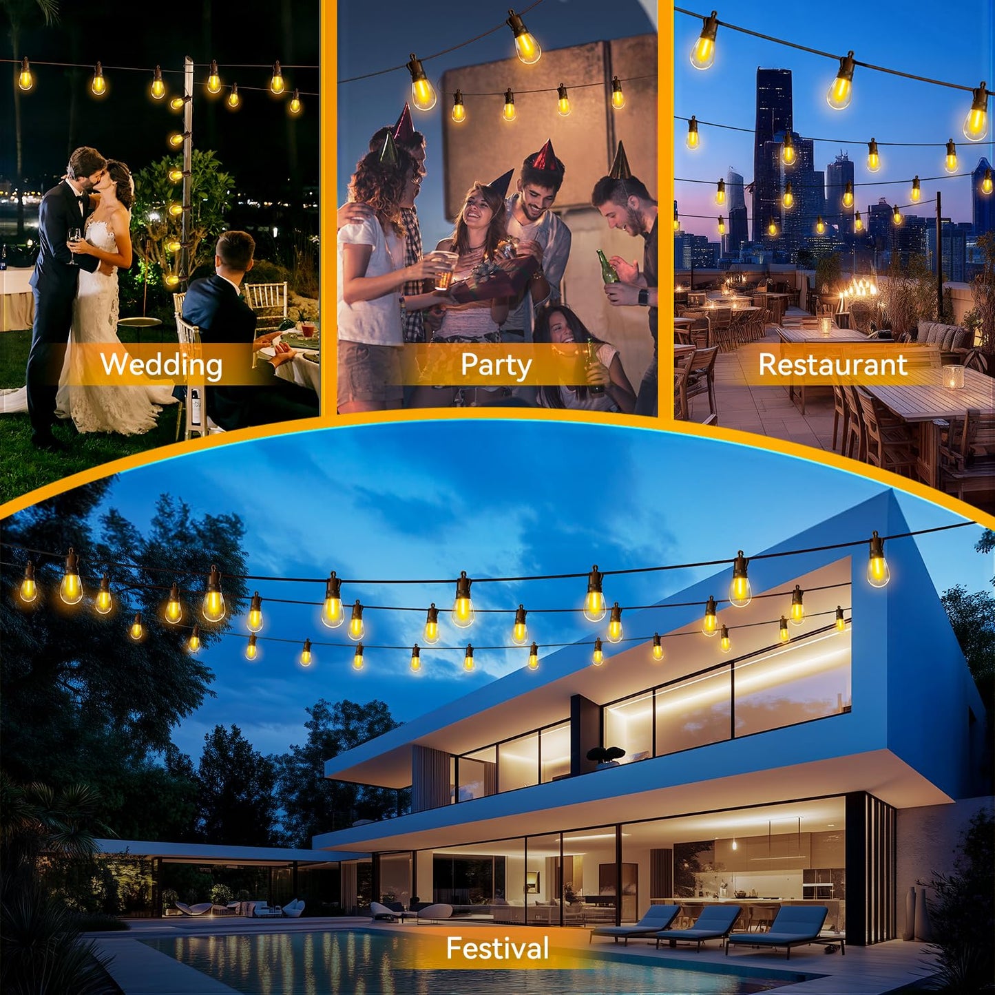 TBOSW Outdoor String Lights Patio LED Light Outside - 45M 43+2 S14 LED Dimmable 150ft Porch Lighting IP65 Waterproof