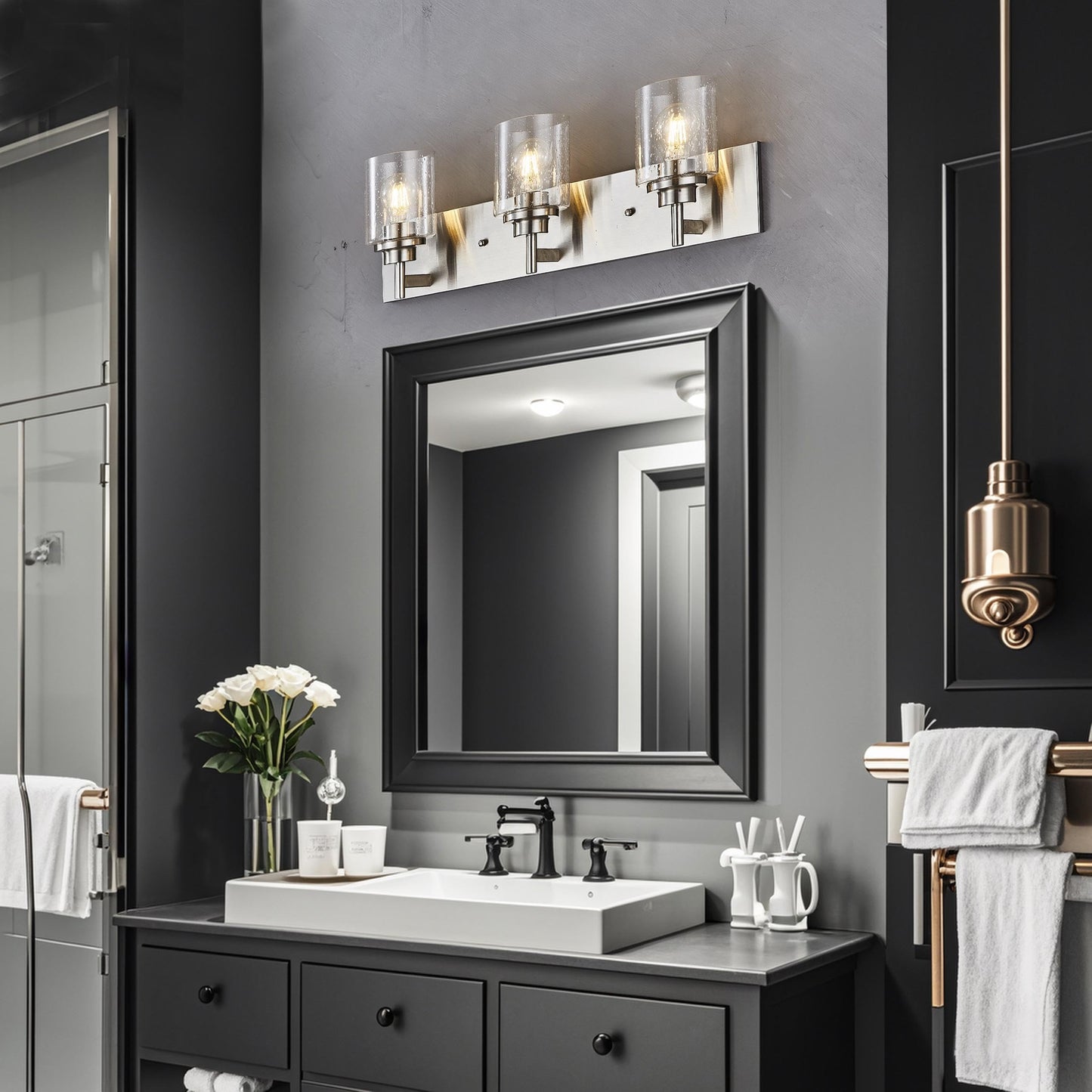 landskylite Bathroom Vanity Light Fixture, Brushed Nickel，24" 3-Light，Offset Mount, Modern Wall Sconce，Seeded Glass & Large Backplate - Farmhouse Lighting for Bathroom, Living Room, Hallway