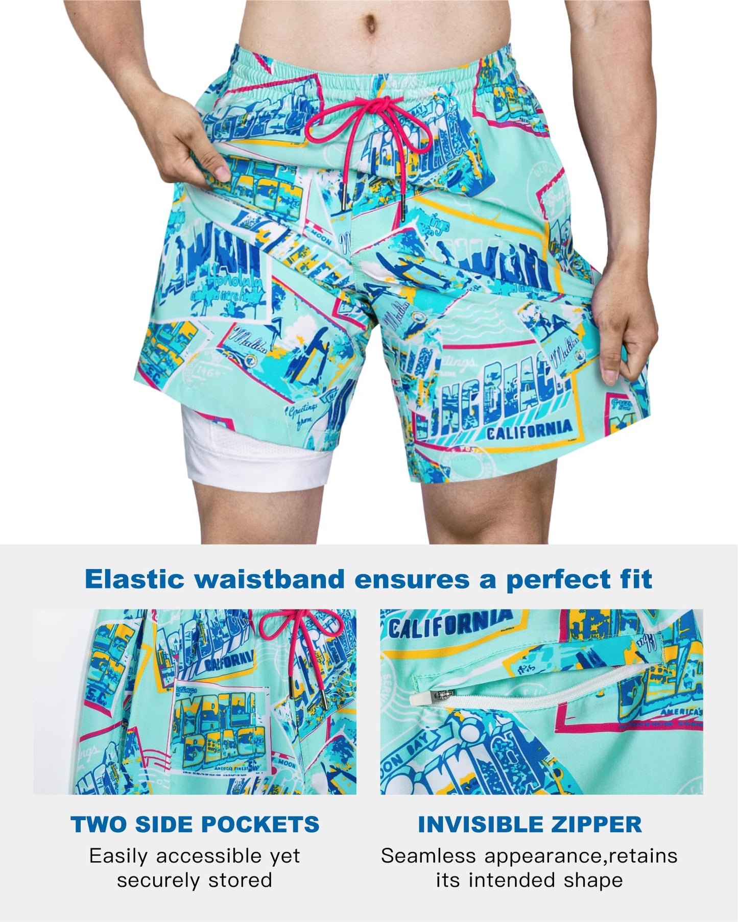 SURF CUZ Mens Swim Trunks with Compression Liner Quick Dry Swim Shorts 7" Swimming Trunks Stretch Bathing Suit 7 Inch,Beach Snapshot,M