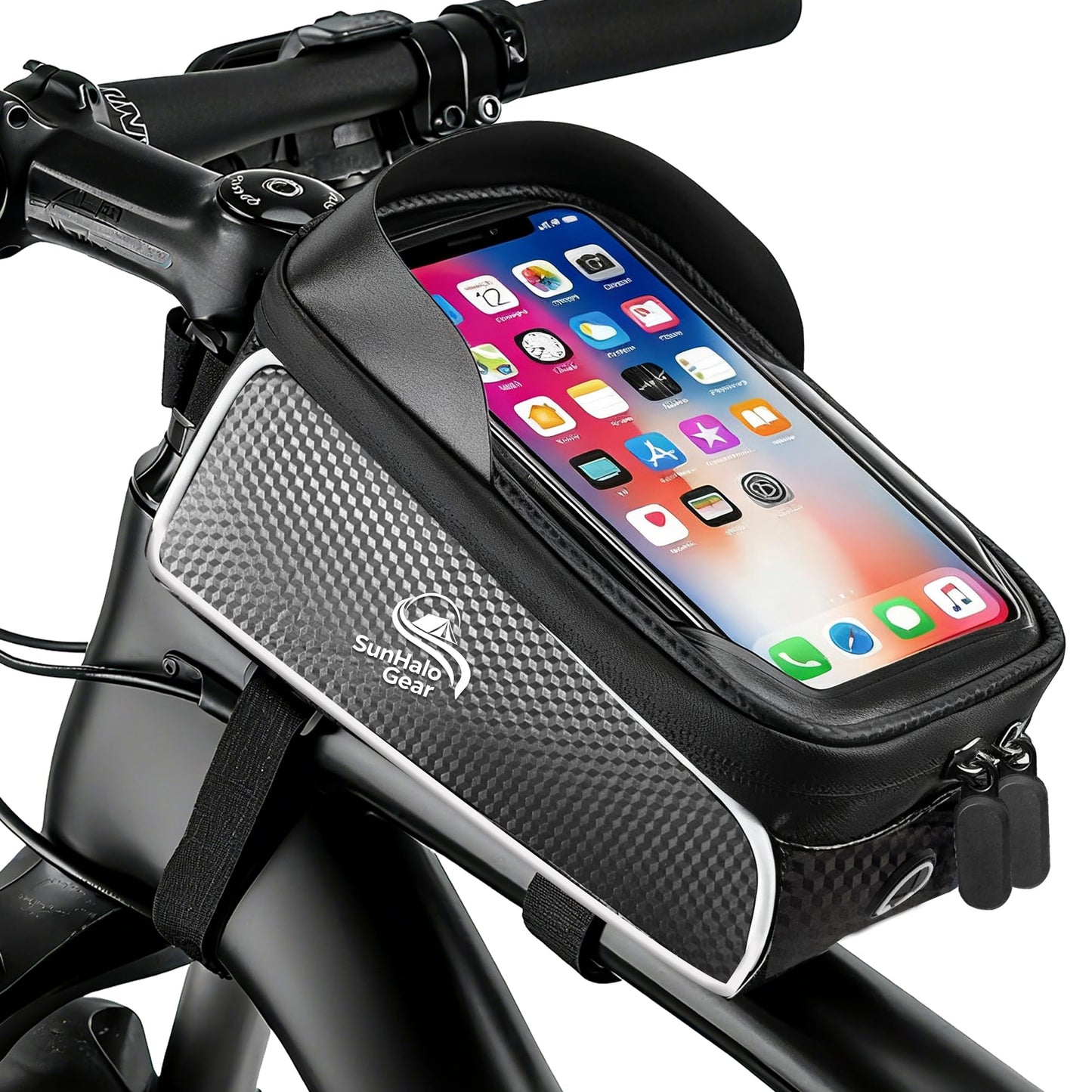 SunHalo Gear Waterproof Bike/eBike/Frame Bag,Bike Front Bag for Handlebar,Electric Bike Phone Bag,Bicycle Pouch with Rain Cover,Bike Accessories Storage Bag For Compatible Phone Under 7”