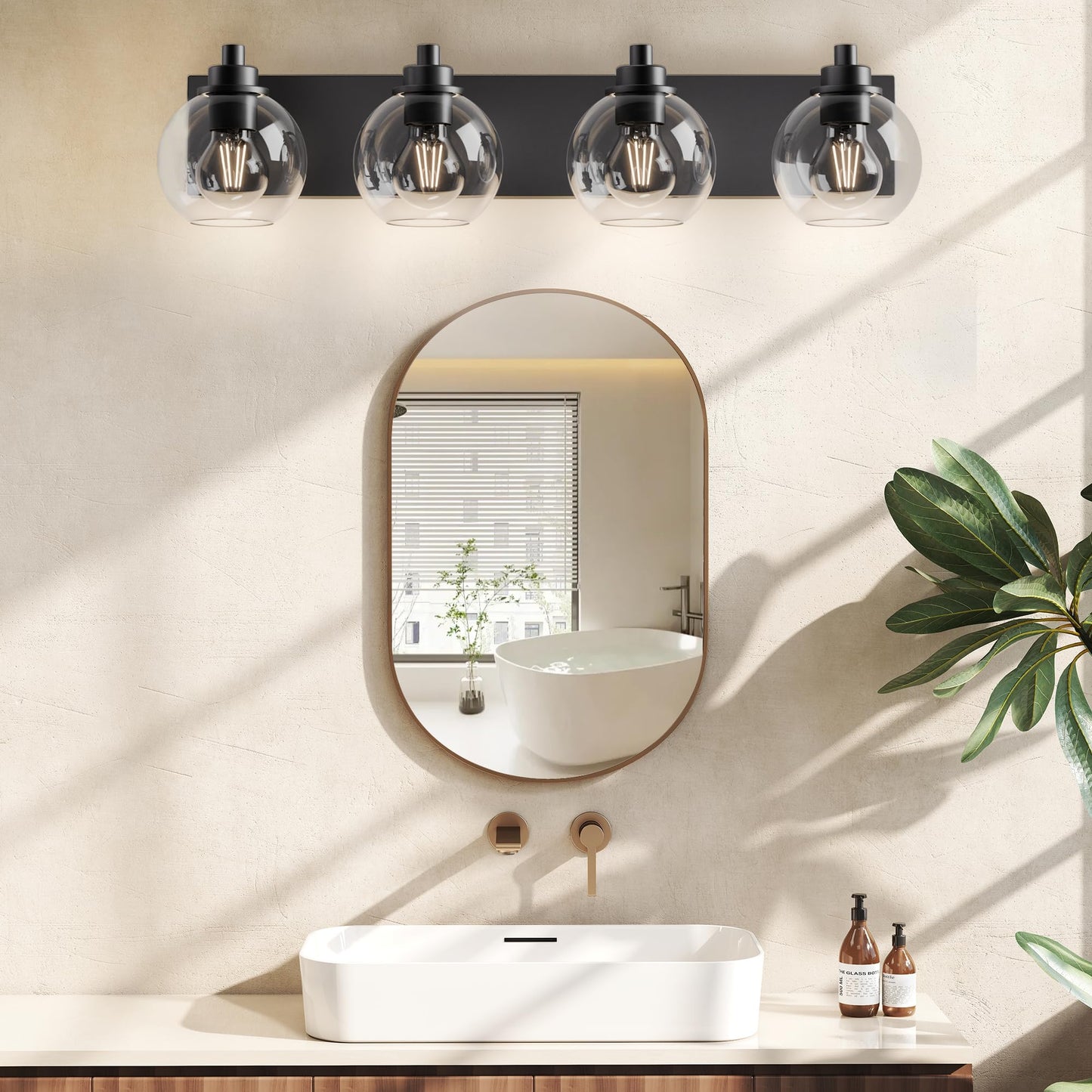 Espird Bathroom Light Fixtures-Matte Black Vanity Lights for Bathroom, Modern Black Vanity Lights 4-Light Bathrooms Lighting Fixtures Over Mirror with Clear Glass Shade