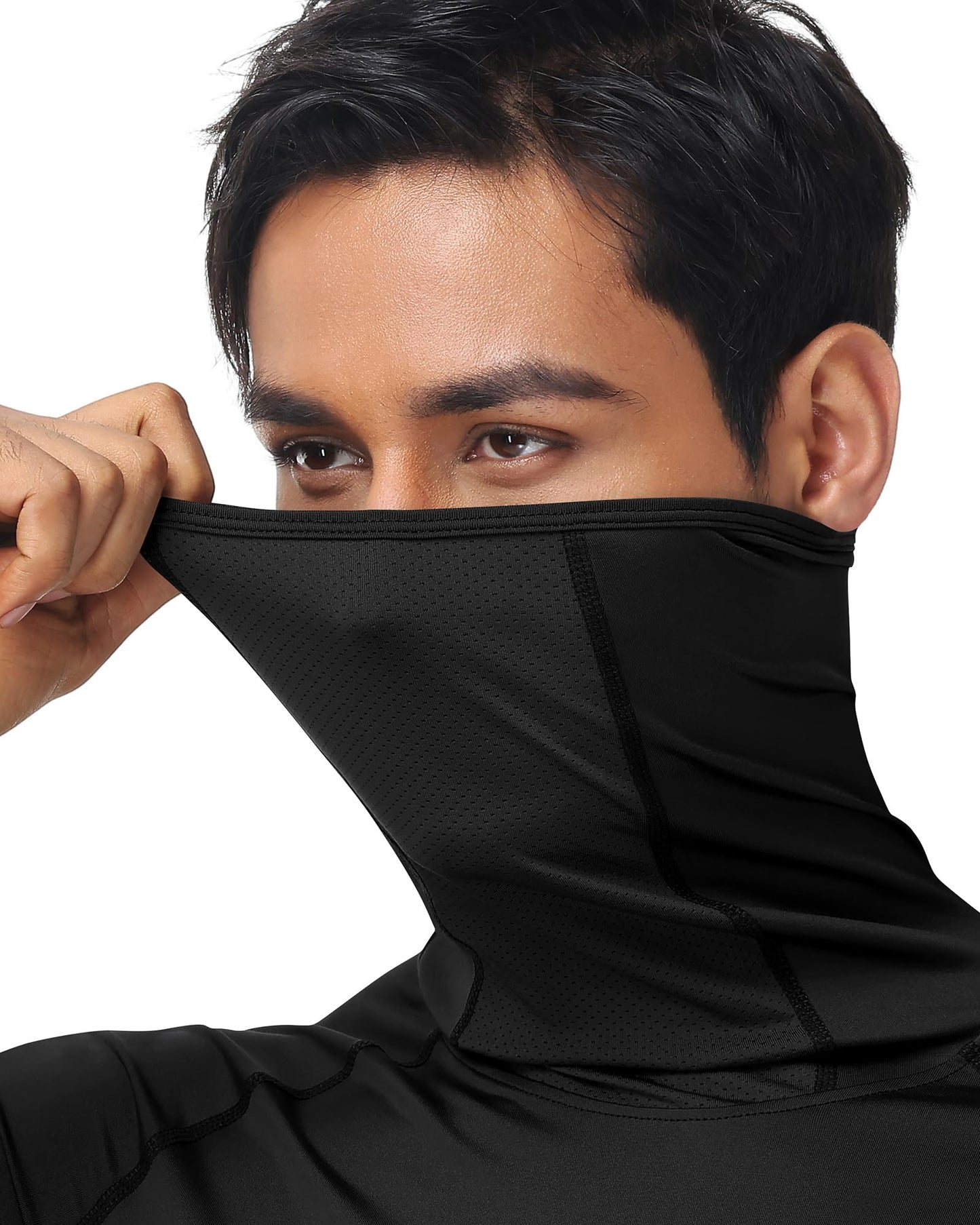 Runhit Thermal Compression Shirts for Men Long Sleeve Hoodie with Mask Running Base Layer Top Breathable Workout Sports Undershirts Black L