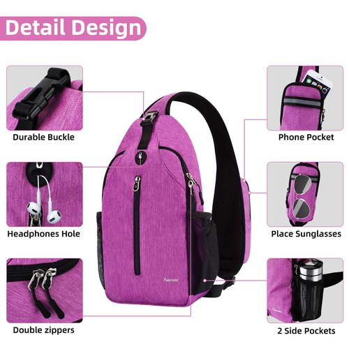 Fancosni Crossbody Sling Bags for Women Men, Lightweight Shoulder Bag, Multipurpose Backpack for Travel, Hiking, Shopping, Walking, Biking, Cycling, Earphone Hole, Purple