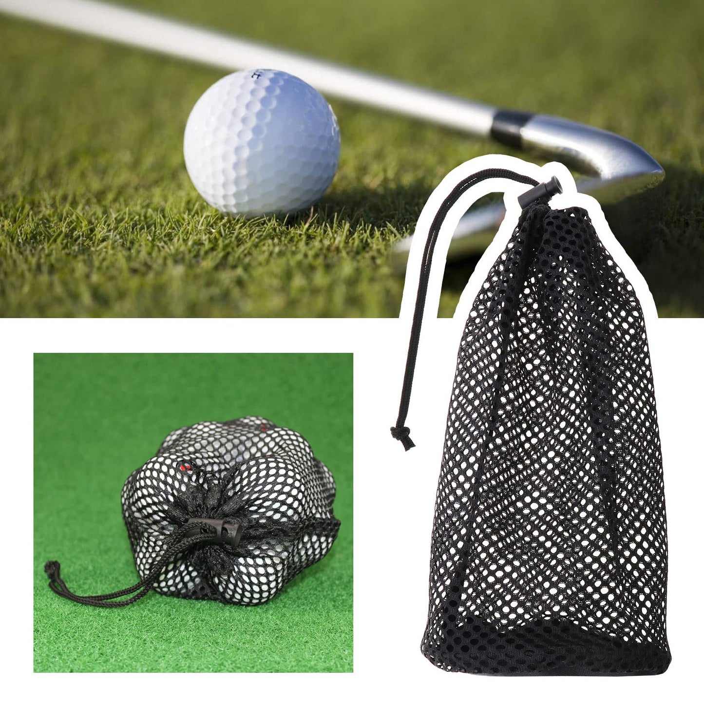 SING F LTD 2PCS Golf Ball Storage Bag - Nylon Mesh Pouch for 48-56 Balls - Drawstring Closure - Black