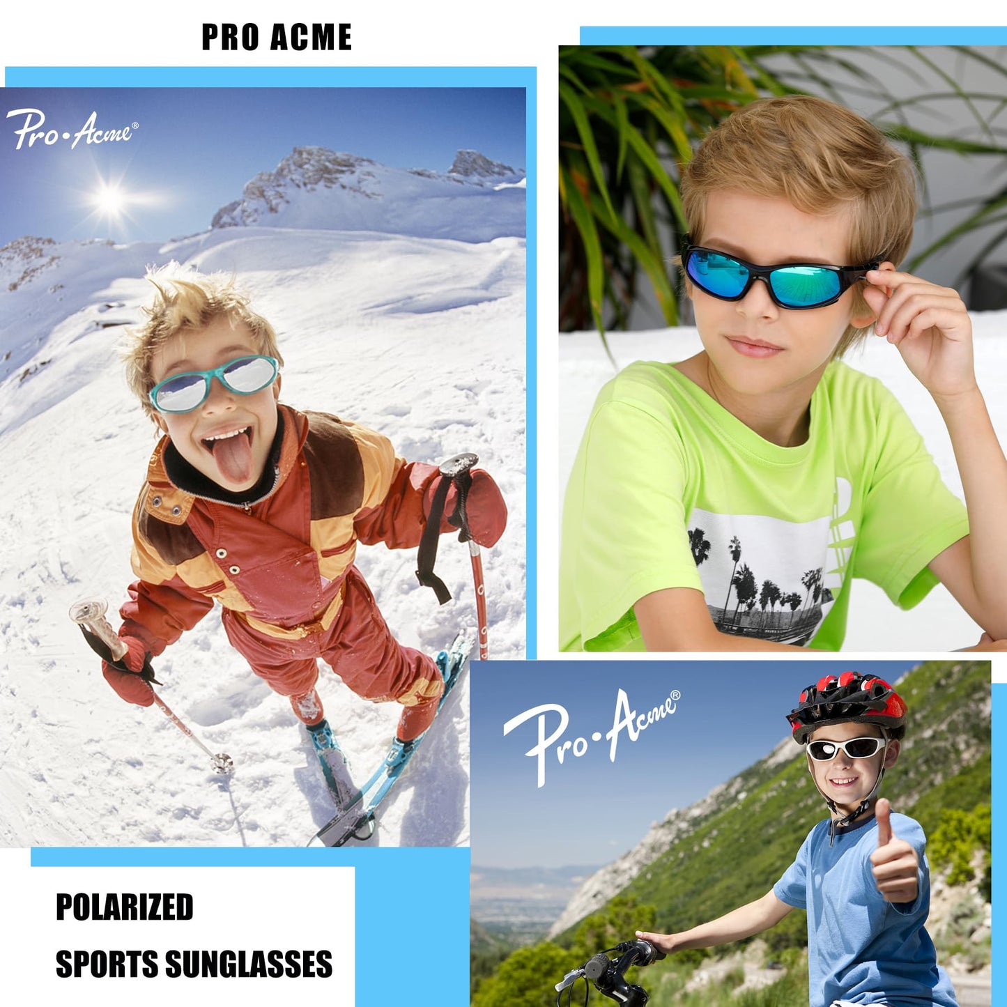 Pro Acme TR90 Unbreakable Polarized Sports Sunglasses for toddle kids Boys and Girls Children Youth Sunglasses With Strap for Age 3-12 (Blue/Sky Blue + Black/Green Mirrored+Matte Black)