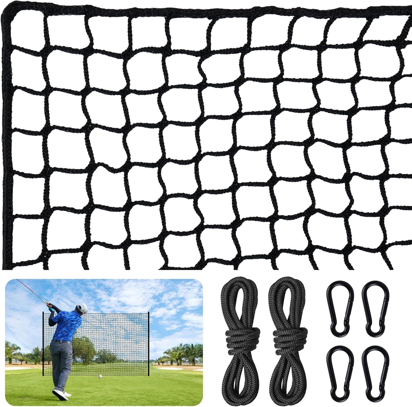 Nylon Golf Net 10-50ft - Durable Weatherproof Hitting Net with Rope & Carabiners for Baseball, Hockey, Soccer