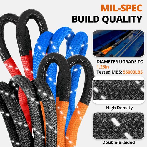 Kinetic Recovery Tow Rope - Heavy Duty 30FT Snatch Strap Kit with Reflective Design | 55,000LBS Capacity - Black