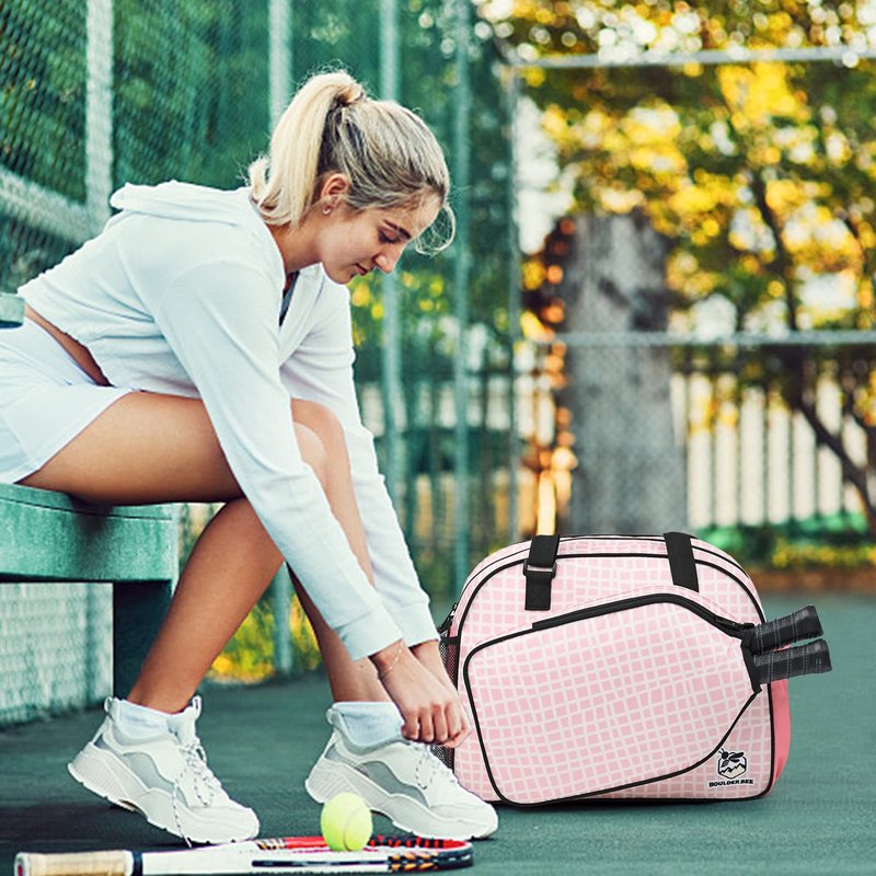 Boulder Bee Pickleball Bags, PickleBall Tote Bag for Women, Women’s Hand/Shoulder Gym Bag w Water Bottle Holder, With Pickleball Racquet/Paddle Holder (Pink Plaid)