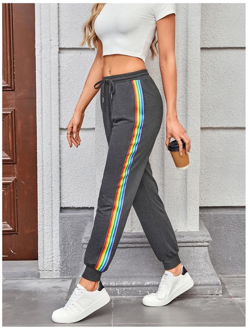 SweatyRocks Women's Drawstring Waist Striped Side Jogger Sweatpants with Pocket Dark Grey Small