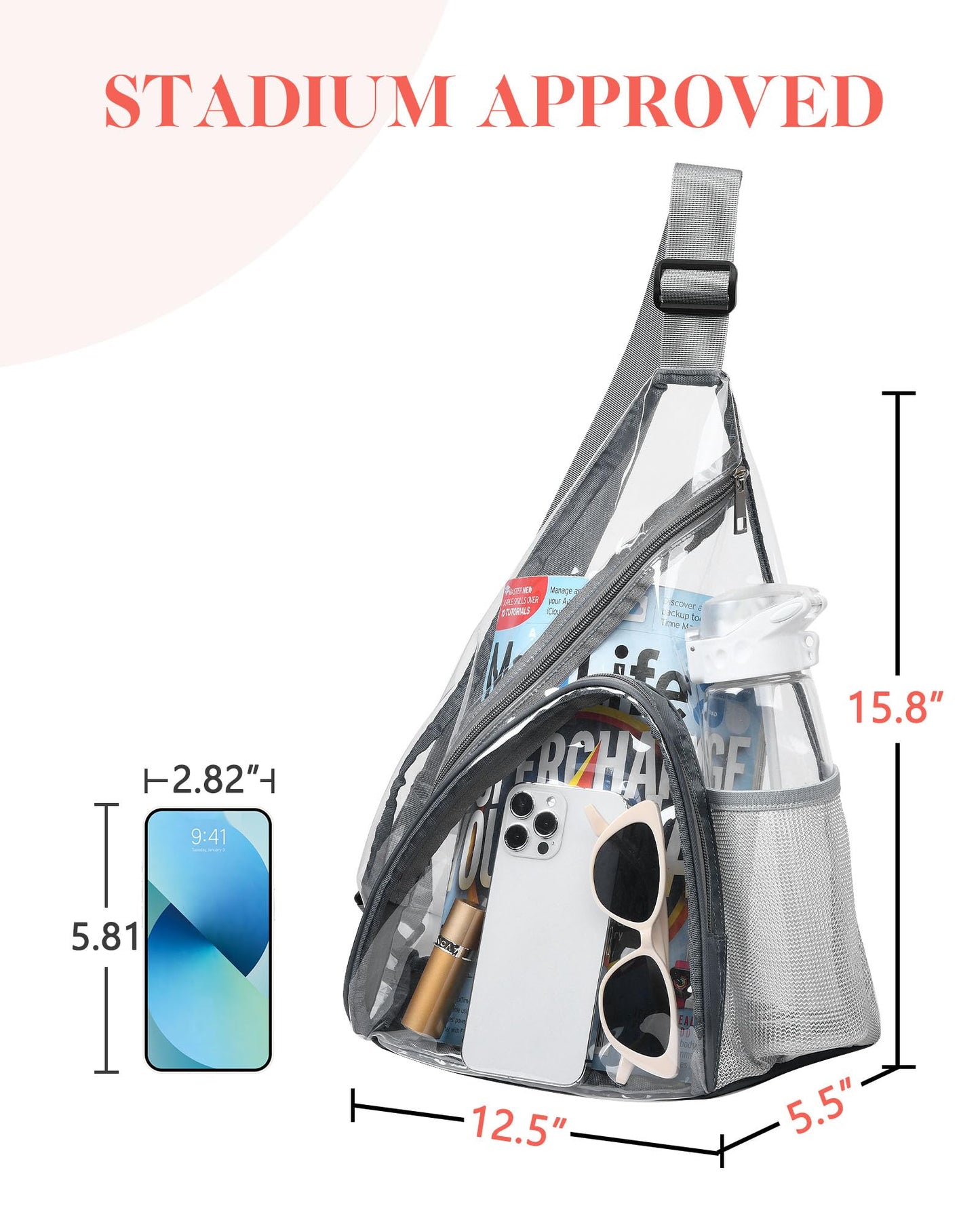 HULISEN Clear Sling Bag, Clear Bag Stadium Approved, Transparent Shoulder Crossbody Backpack Chest Casual Daypack