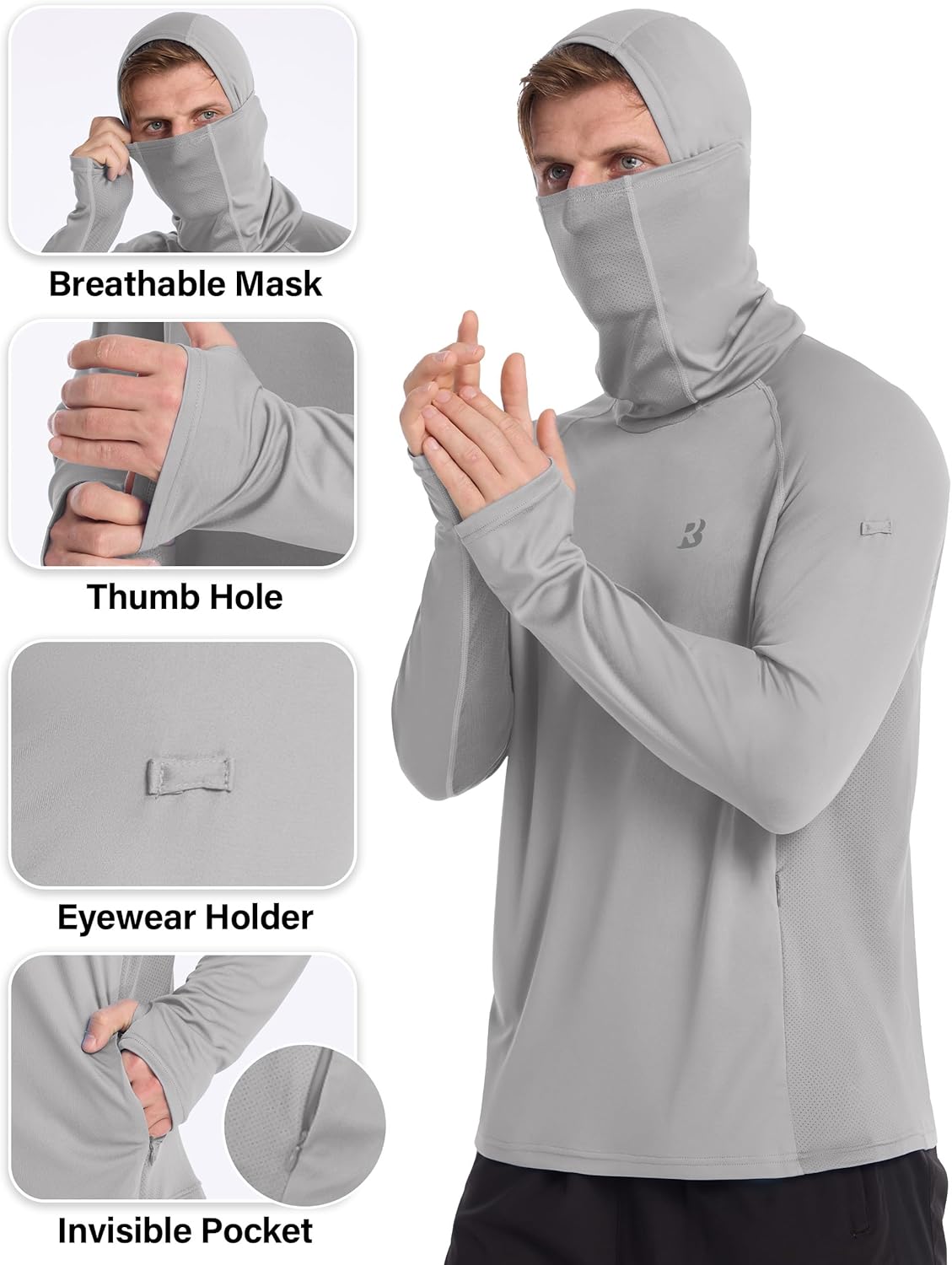 Roadbox Men's UPF 50+ Sun Protection Hoodie - Lightweight Long Sleeve Fishing Shirt with Mask for Hiking & Running