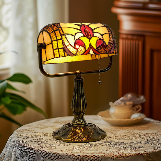 Tiffany Style Bankers Lamp - Stained Glass Desk Lamps with Baroque Design & Pull Chain, Vintage Table Lamp Bankers Desk Light for Office Bedroom Nightstand Living Room LED Bulb Included