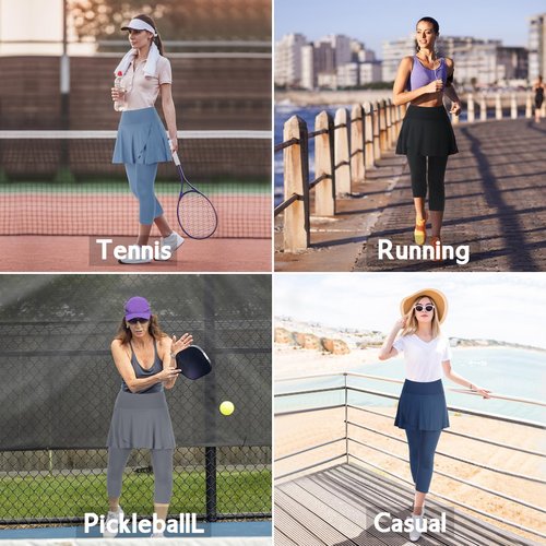 ANIVIVO Skirted Leggings for Women with Pockets, Tennis Yoga Golf Pickleball Skirt with Capris Leggings(All-Black,M-Huan)