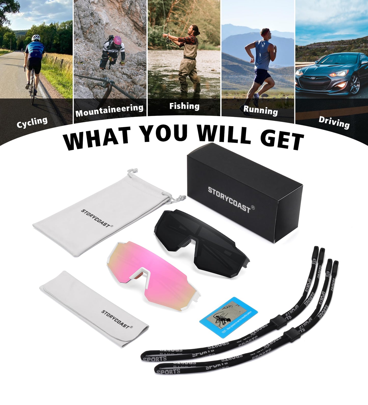 STORYCOAST Sports Running Sunglasses for Men Women Cycling Driving Fishing Bike Sunglasses Polarized UV400 Protection 2Pack Matte Black/Gray+White/Pink