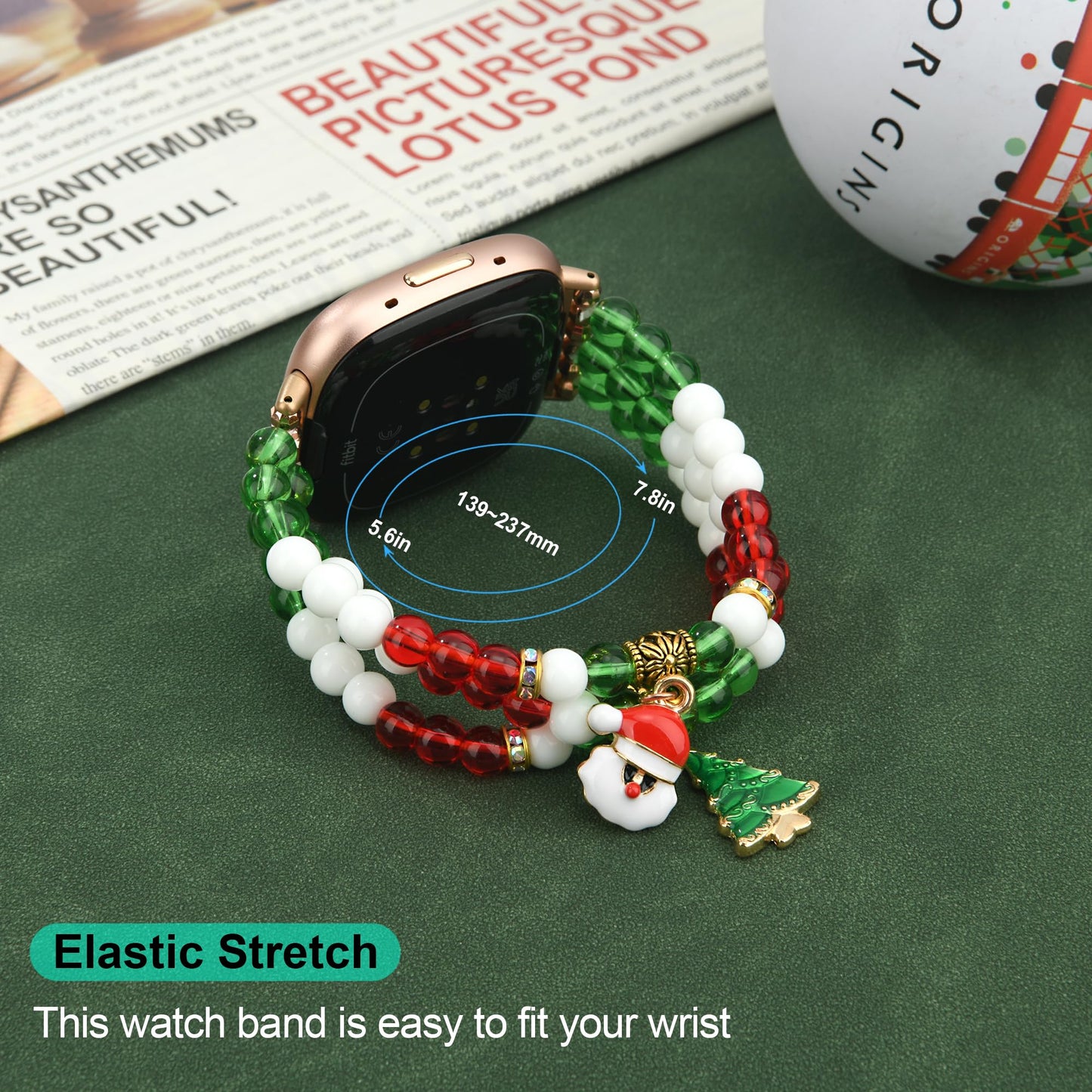 Wongeto Compatible with Fitbit Versa 3/4 Bands/Fitbit Sense/Sense 2 Bands for Women,Handmade Elastic Beadeds Bracelet for Fitbit Versa 4/Sense 2(Christmas Color)