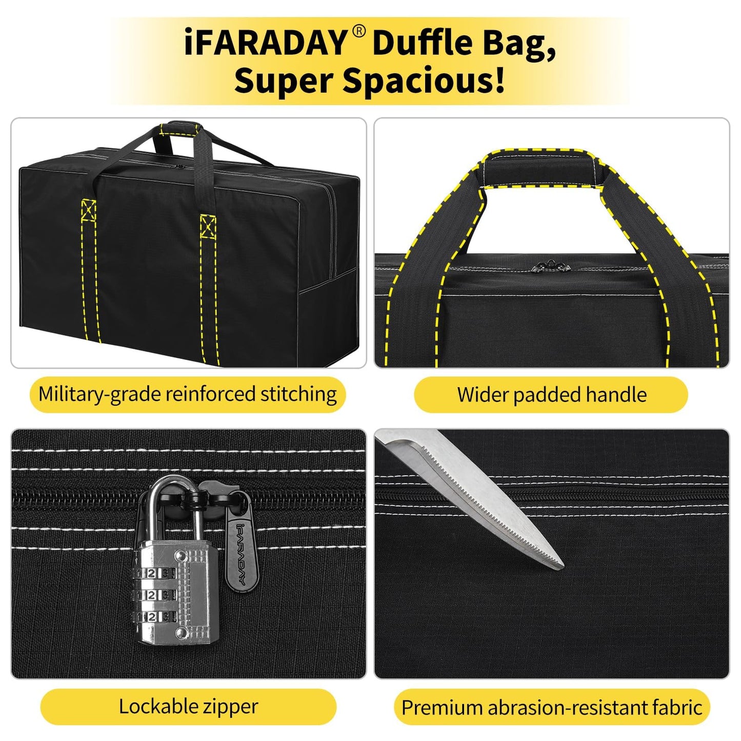 iFARADAY 130L Extra Large Travel Duffle Bag, 35 inch, Black