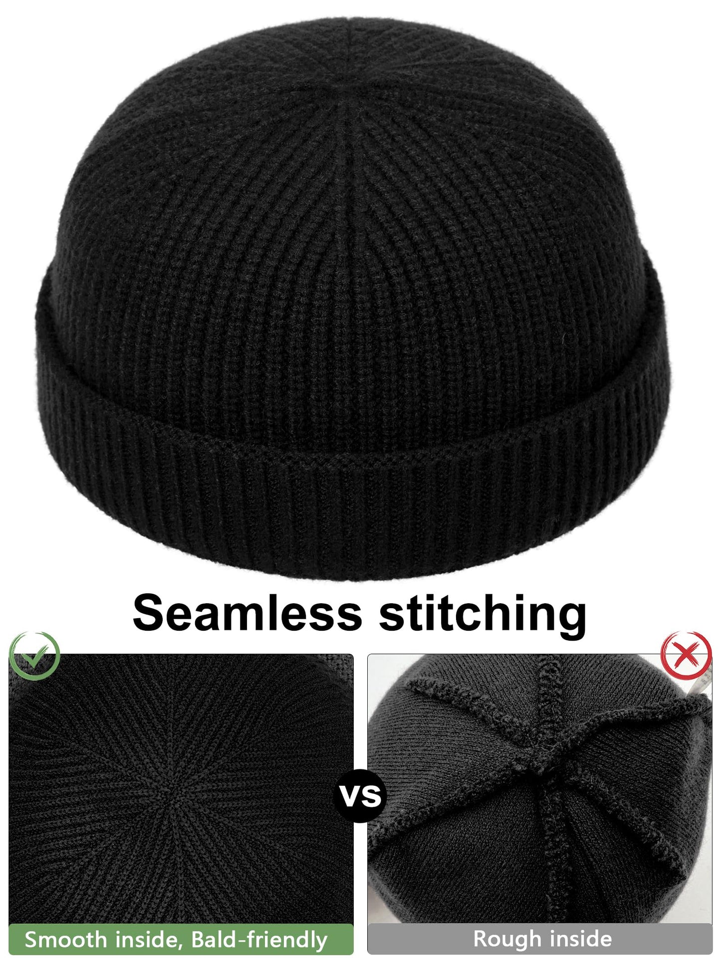 vidsel Thin Wool Fisherman Beanie Hat for Men Women Fall Winter,Short Knit Cuffed Fashion Trawler Skull Cap,Watch Cap,Black