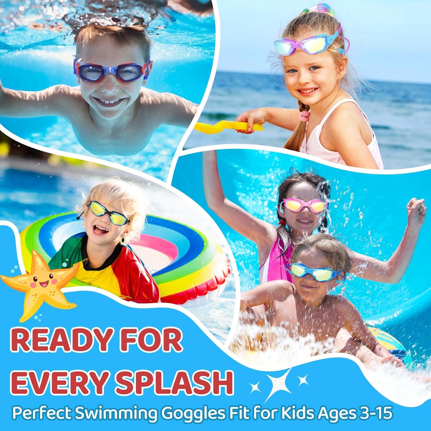 Vvinca Swim Goggles - Anti-Fog UV Protection | No Leak Design for Kids Ages 3-15 (2 Pack)