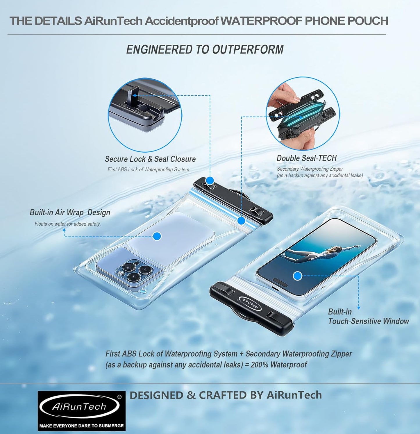 AiRunTech Waterproof Fanny Pack - IPX8 Dry Bag for iPhone 16/15/14/13/12/11 Pro Max | Ideal for Snorkeling, Beach & Pool