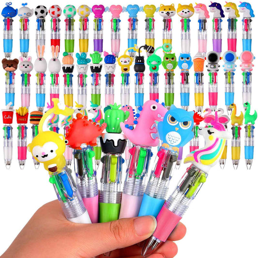 Tenceur 100 Pcs Mini Cartoon Multicolor Pens in One 4-in-1 Bulk Small Retractable Ballpoint Fun Pens for Student Teacher Office Assorted Ink Kawaii Gift Supplies Christmas Party Favors