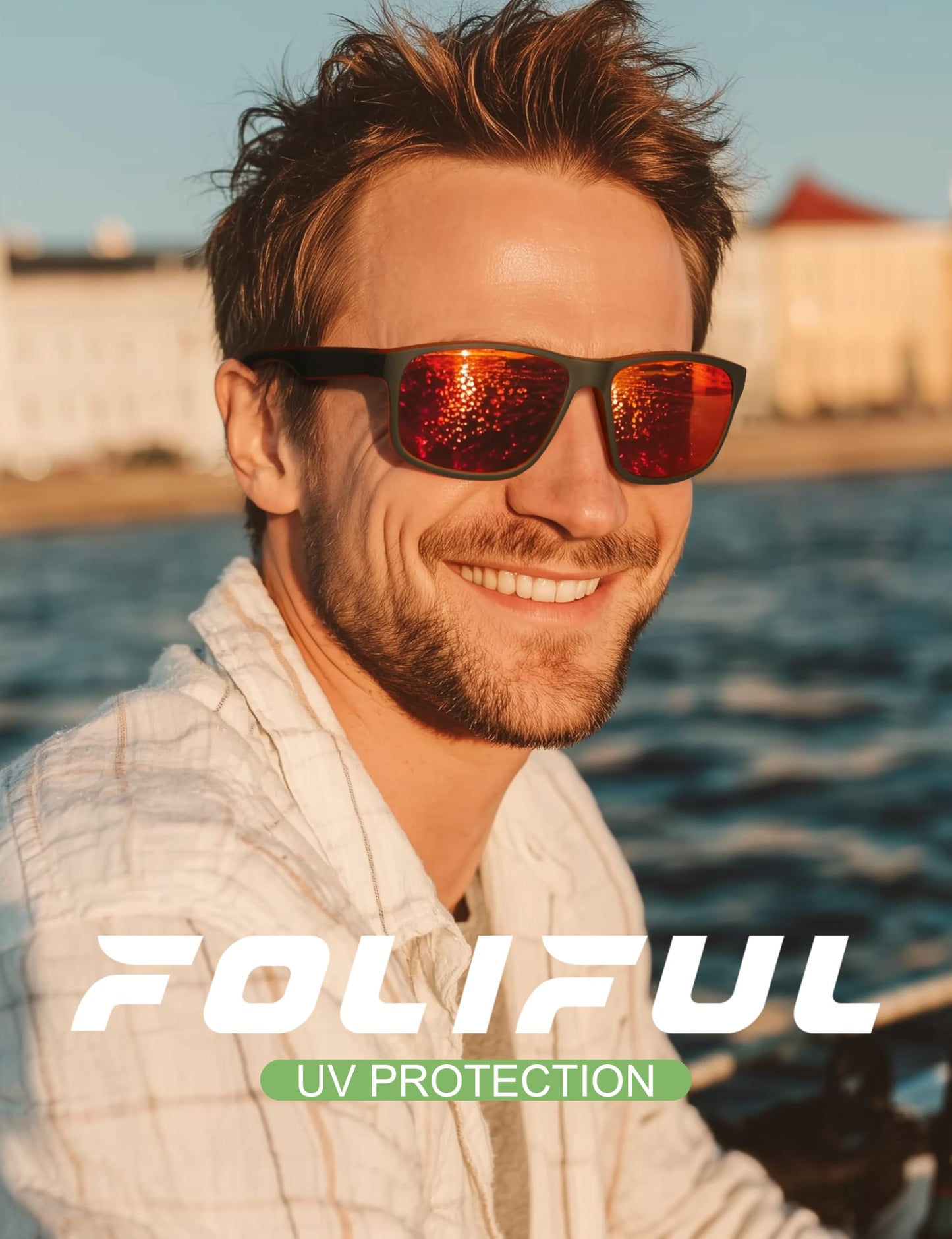 Foliful Square Polarized Sunglasses for Men and Women, Mens Sunglasses UV400 Protection with Lightweight Frame Sun Glasses for Driving Fishing, Grey/Red/Ice Blue