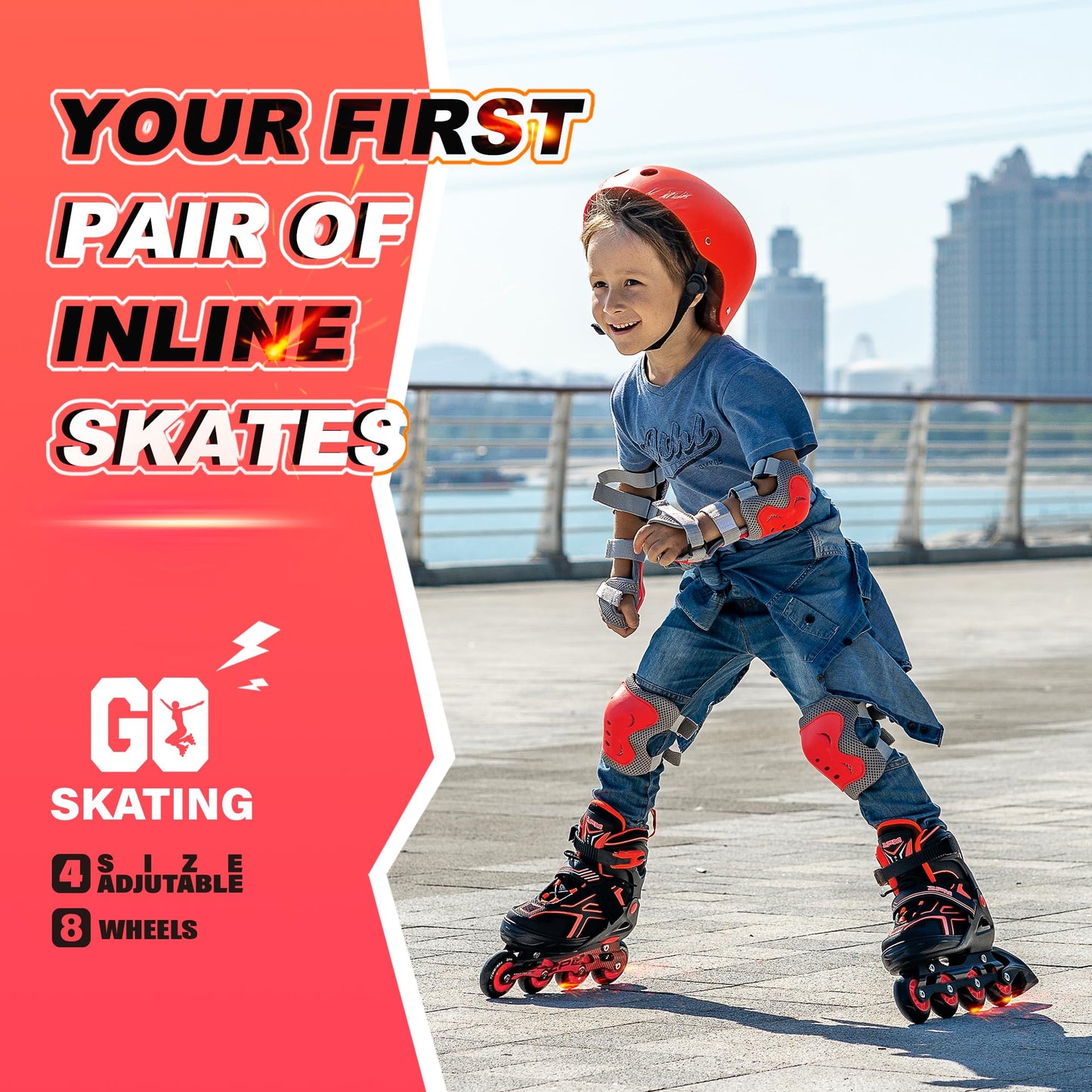 2PM SPORTS Torinx Green Boys Adjustable Inline Skates, Fun Beginner Roller Skates for Kids, Youth, Girls, Men and Women (Red, Medium - Big Kid (1-4 US))