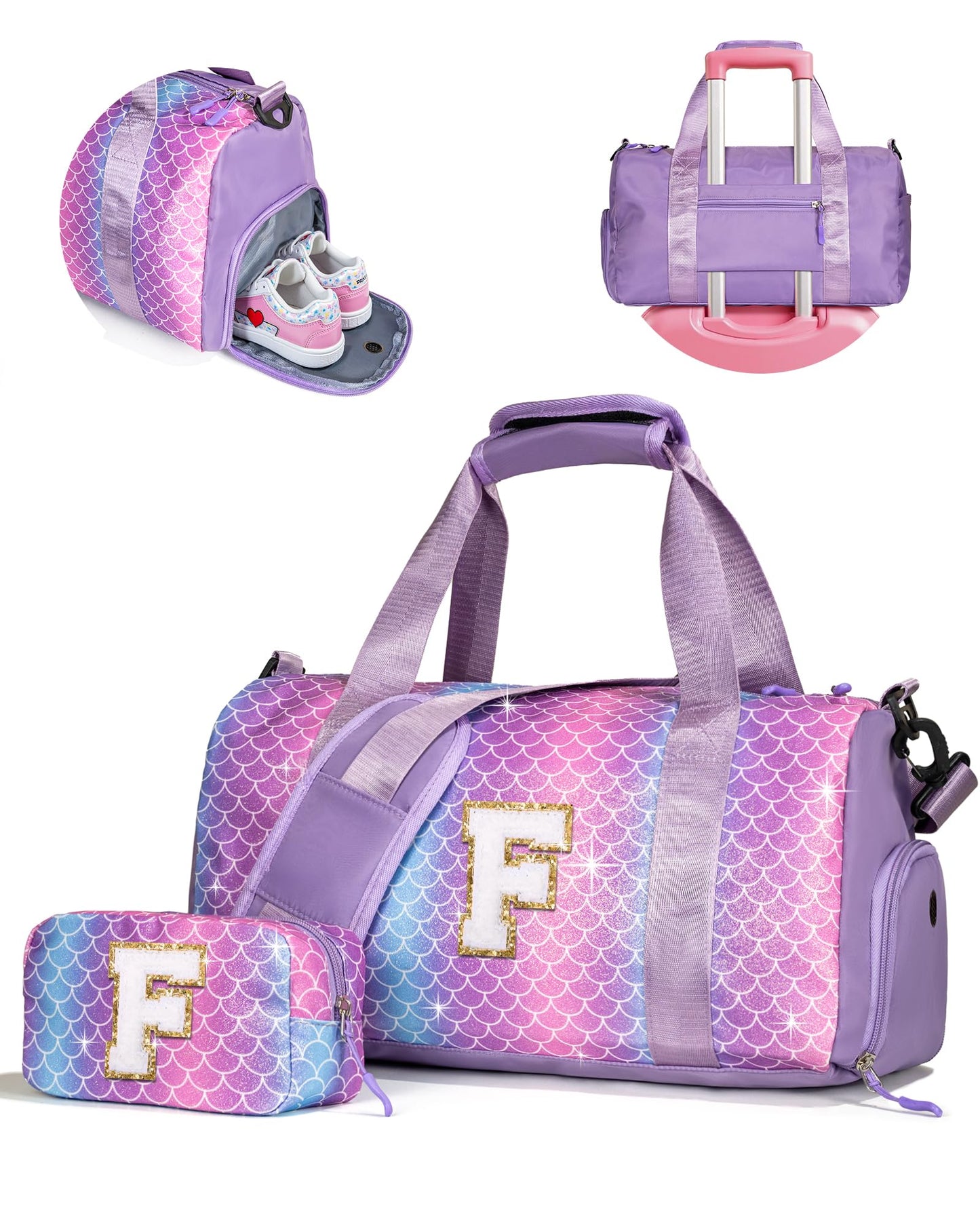 Vogewood Dorm Room Essentials for Girls-Girl Gym Bag with Shoe Compartment, Kid Personalized Weekender Overnight Bags, Initial Travel Tote with Makeup Pouch, Preppy Stuff Gifts for Kids (Letter F)