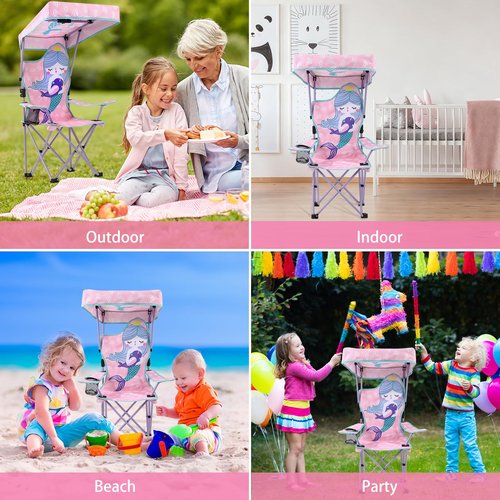 KABOER Kids Mermaid Pattern Outdoor Folding Camping Chair with Cup Holder and Carrying Bag and Canopy for Beach Picnic Camping Travel Lawn