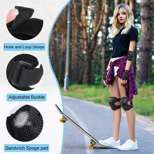 Kids/Adult/Youth Knee and Elbow Pads with Wrist Guards 3 in 1 Protective Gear Set for Skateboarding Cycling BMX Bike Scooter Skating Rollerblading Riding (Black, Large (14 Years - Adult))