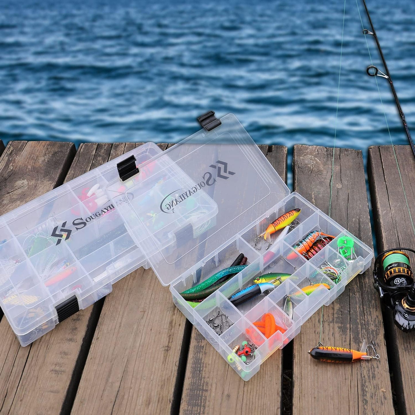Sougayilang Fishing Tackle Boxes - 3600 3700 Plastic Storage Organizer Box with Removable Dividers - Fishing Tackle Storage - 4 Packs Transparent Tackle Trays