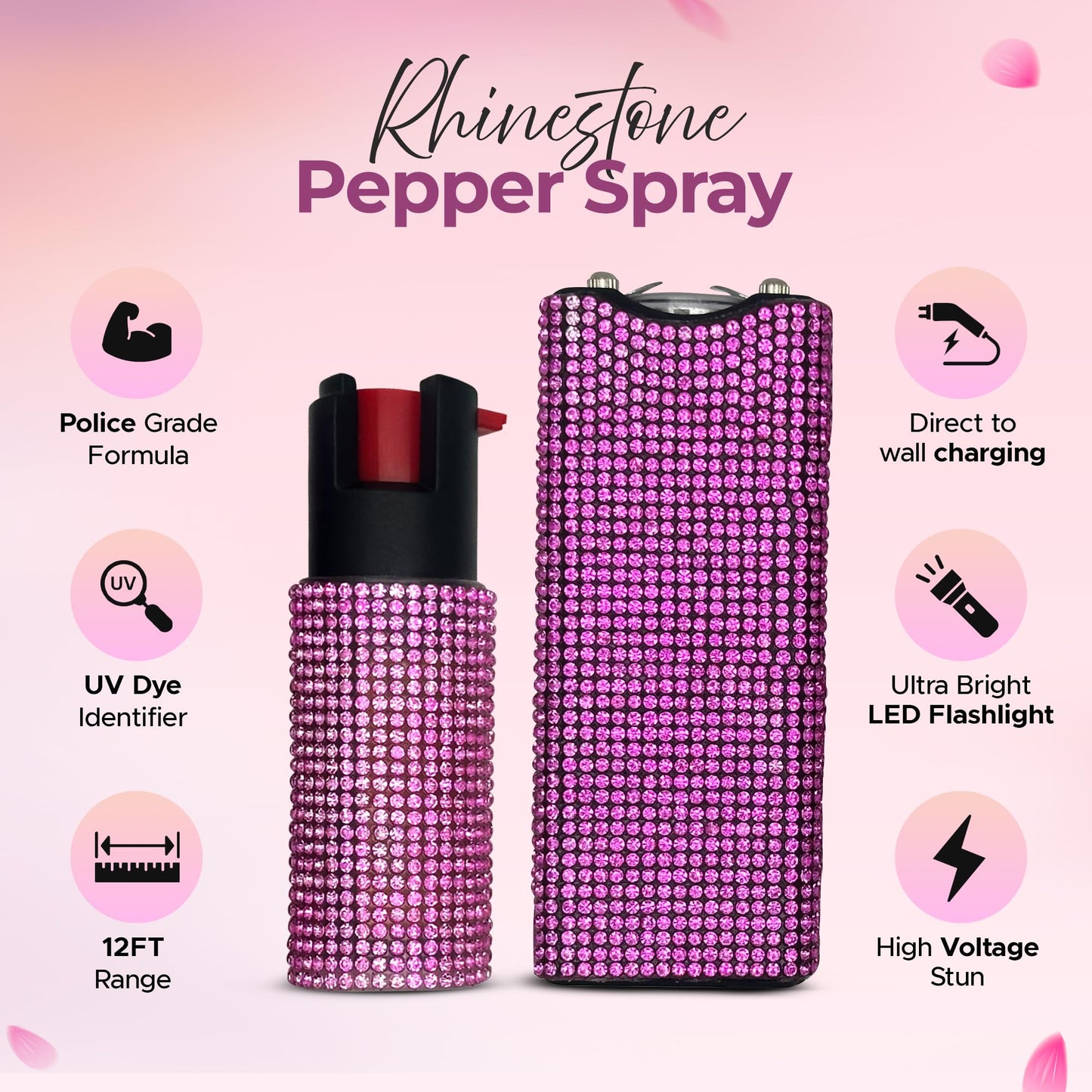 FURY Gem Stone Pepper Spray Stun Gun Combo - Stylish Multi-Color, 12ft Range, UV Dye Identifier, Flashlight, Rechargeable, Self-Defense Kit, Personal Safety, (Pink)