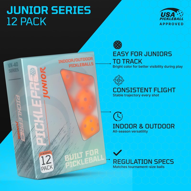 PicklePro Junior Outdoor & Indoor Pickleball Balls for Beginners – Lightweight LDPE 40-Hole Design for Stable Flight, Durable Construction for Training and Youth Play, USAPA Compliant (12 Pack)