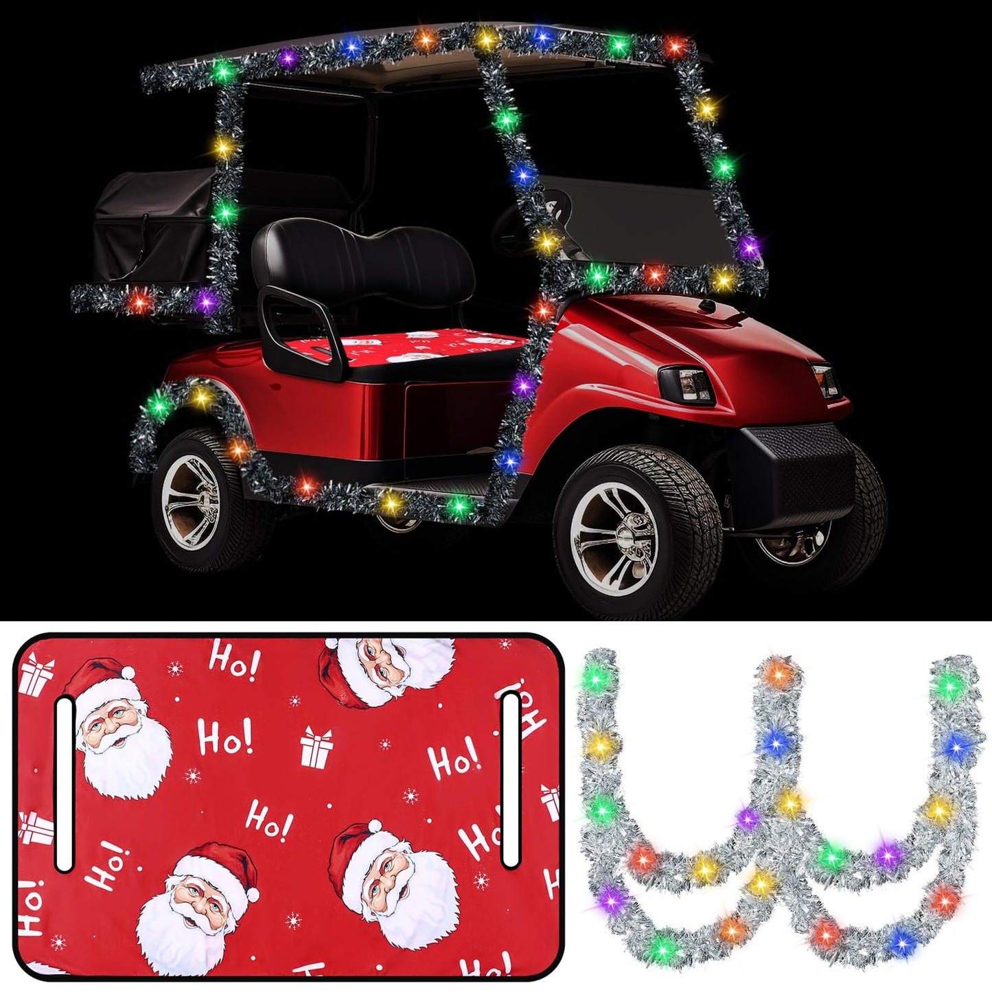 HunnmingRe 2 Pcs Christmas Golf Cart Decorations Christmas Golf Cart Seat Covers Silver Tinsel Garland with LED Lights Golf Cart Accessories Christmas for Christmas Tree Golf Cart Decorations